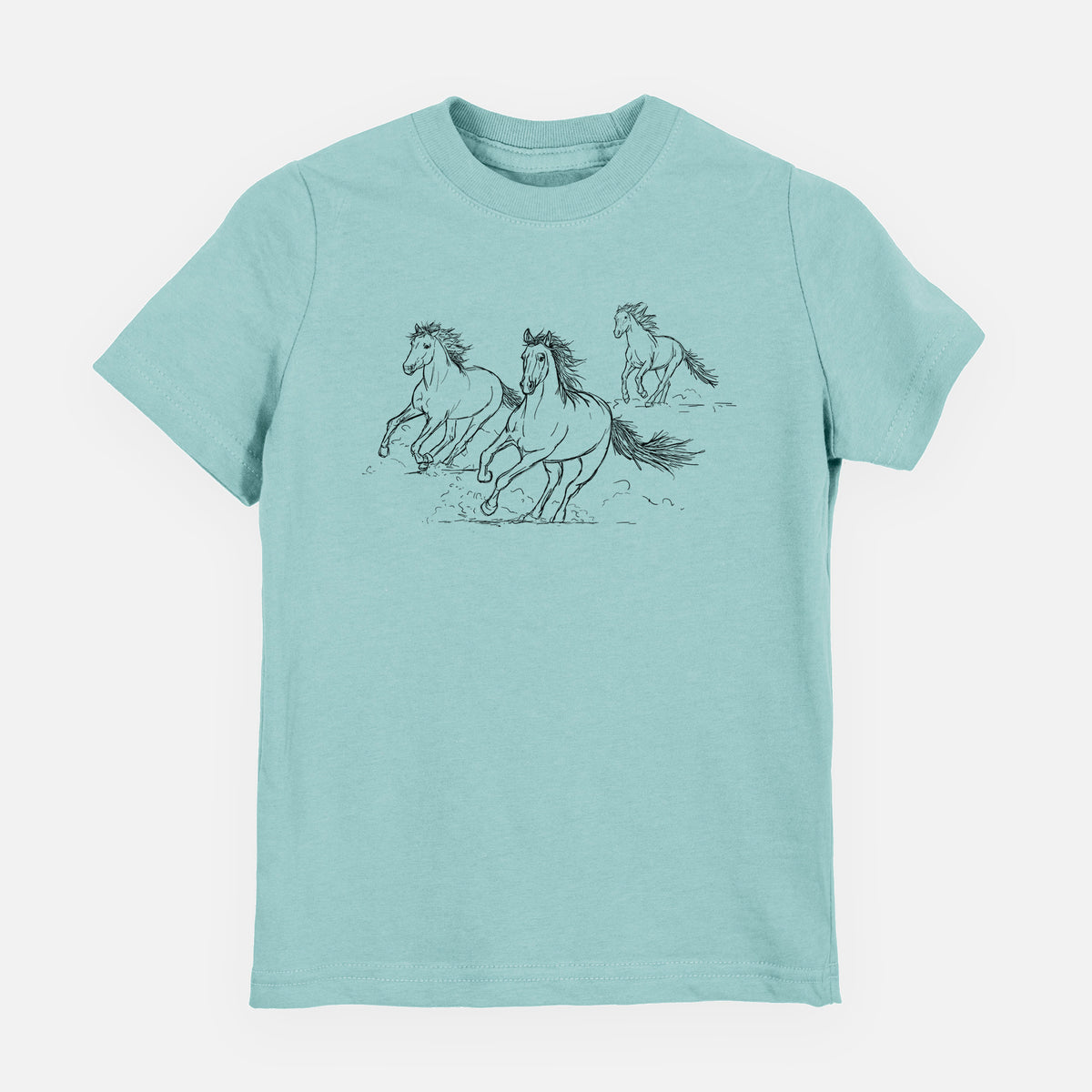 Saltwater youth t-shirt laid flat, printed with a black ink illustration of three wild horses galloping.