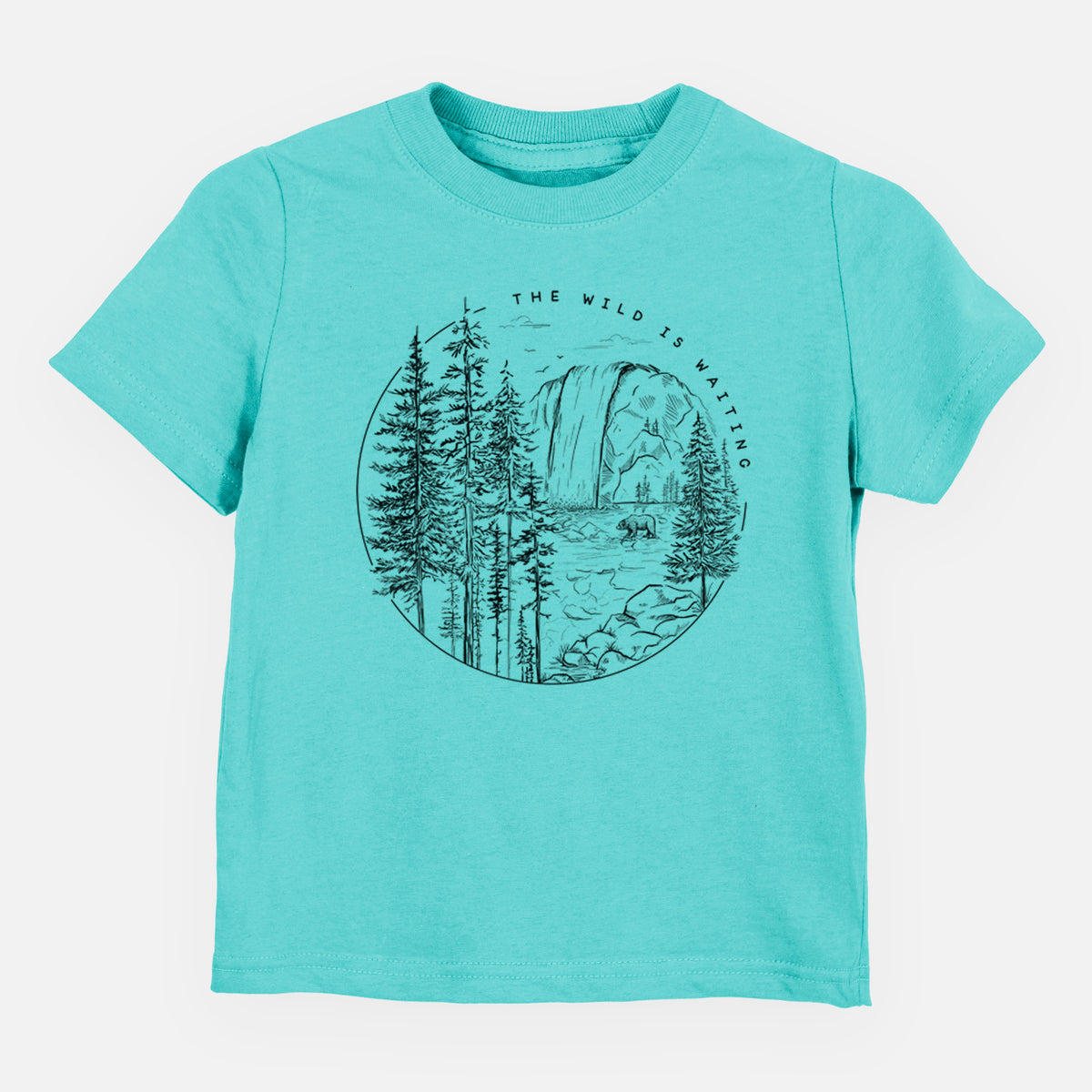 Caribbean blue toddler t-shirt laid flat, printed with a round black ink scene of a waterfall, pine trees and a river, with the words The Wild Is Waiting.