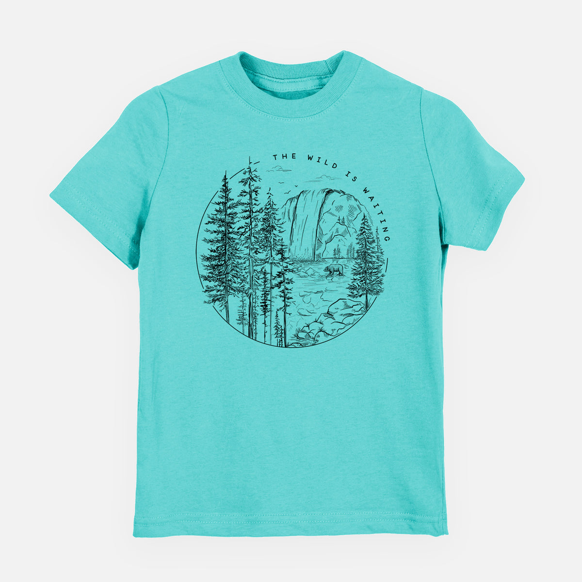 Caribbean blue youth t-shirt laid flat, printed with a round black ink scene of a waterfall, pine trees and a river, with the words The Wild Is Waiting.