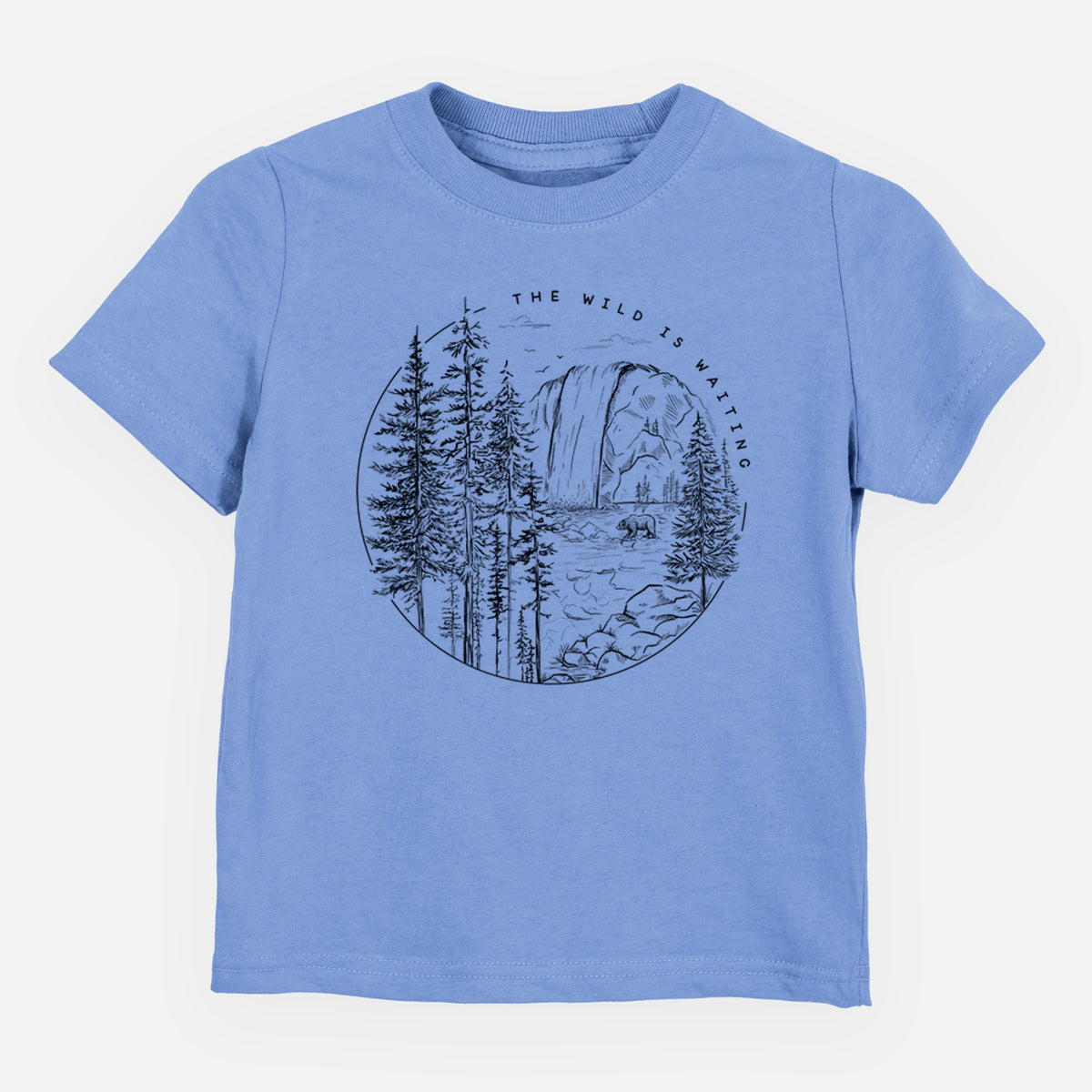 Carolina blue toddler t-shirt laid flat, printed with a round black ink scene of a waterfall, pine trees and a river, with the words The Wild Is Waiting.