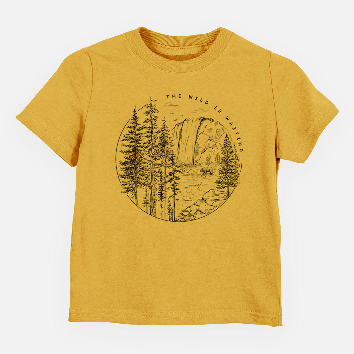 Honeycomb yellow toddler t-shirt laid flat, printed with a round black ink scene of a waterfall, pine trees and a river, with the words The Wild Is Waiting.