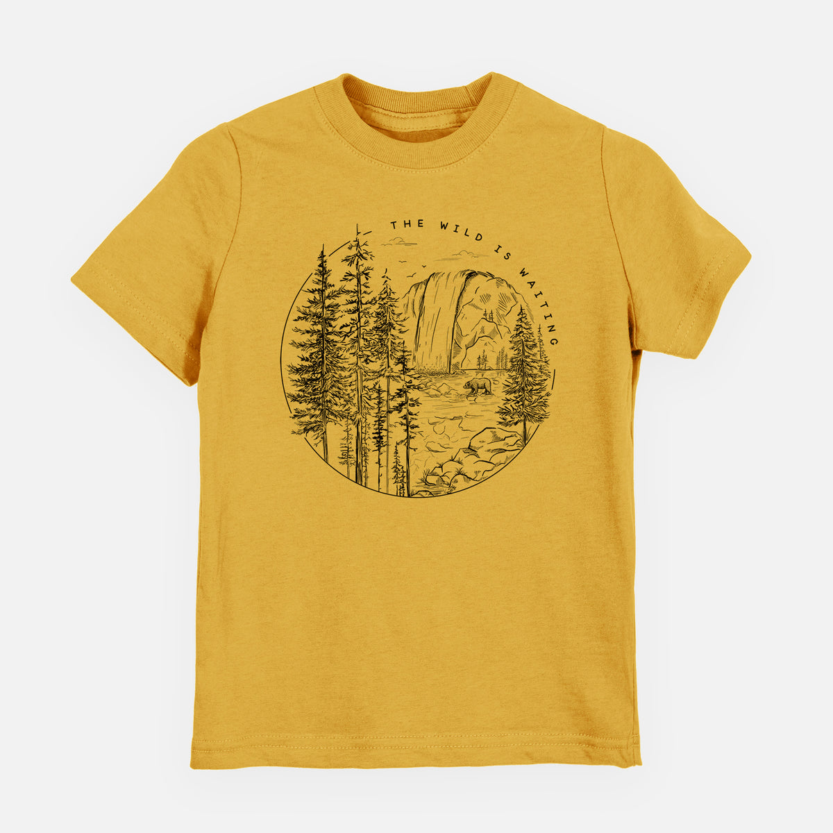 Honeycomb yellow youth t-shirt laid flat, printed with a round black ink scene of a waterfall, pine trees and a river, with the words The Wild Is Waiting.