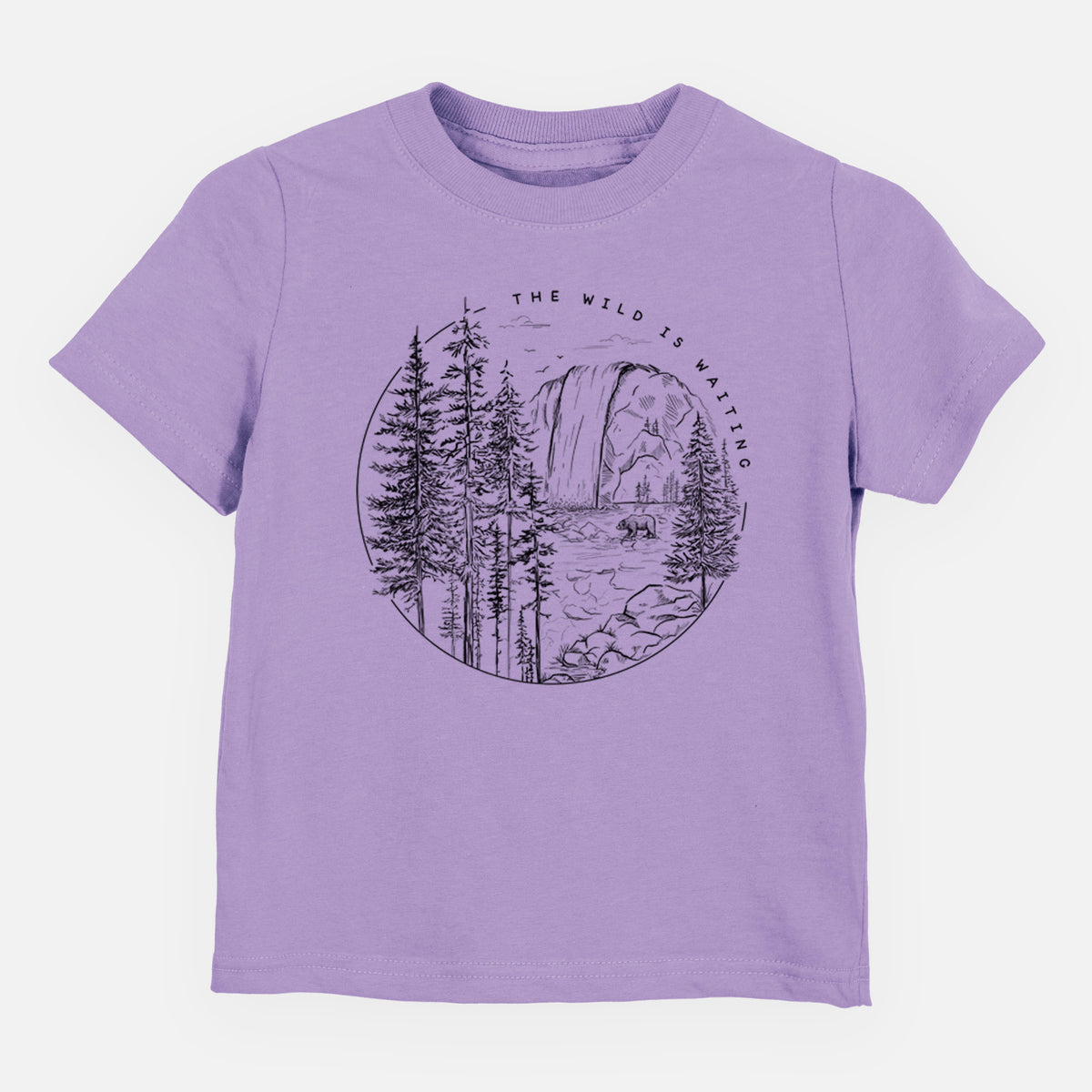 Lavender toddler t-shirt laid flat, printed with a round black ink scene of a waterfall, pine trees and a river, with the words The Wild Is Waiting.