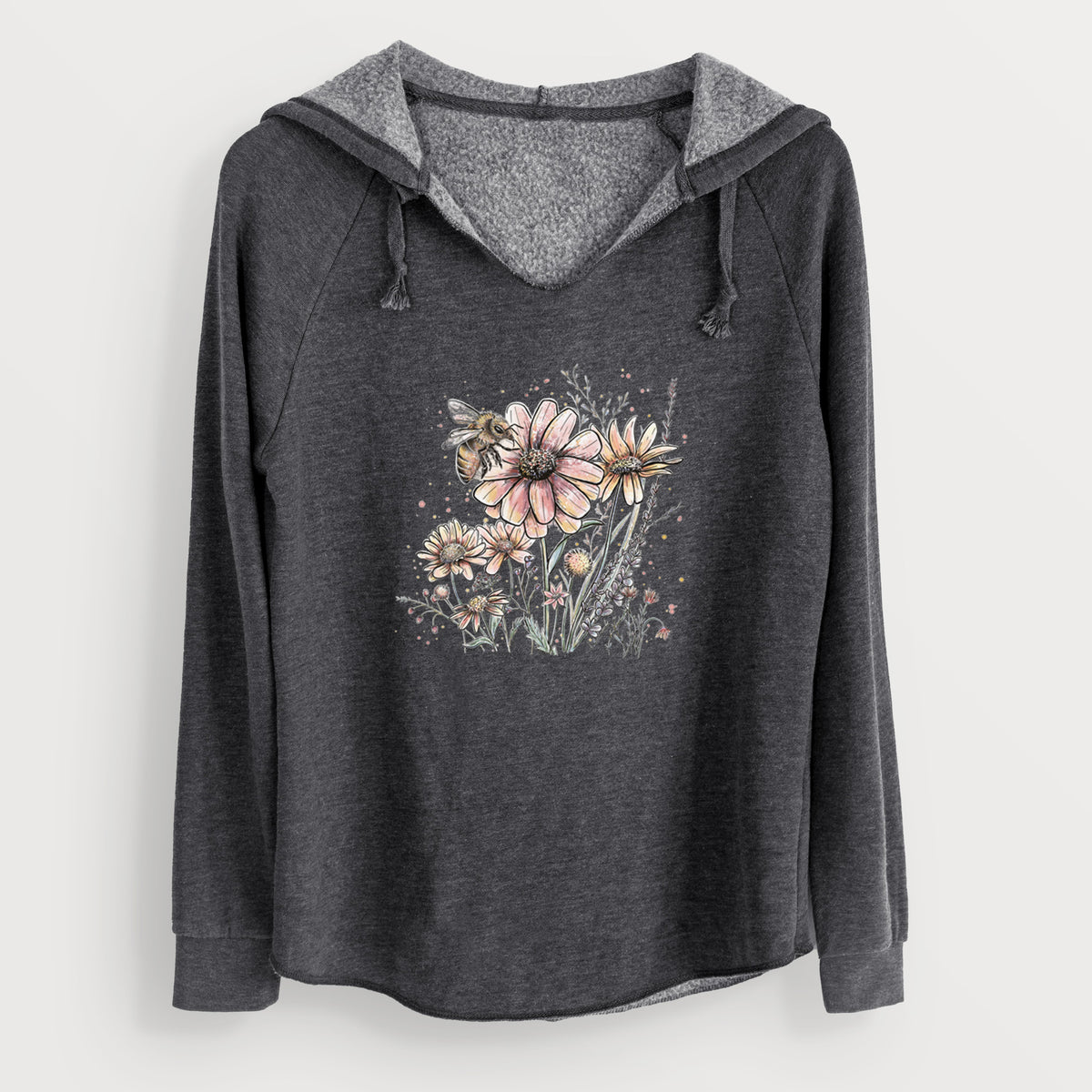 Charcoal grey women's Cali Wave hooded sweatshirt laid flat, printed with a soft full-color illustration of a bee flying over pink and purple wildflowers.