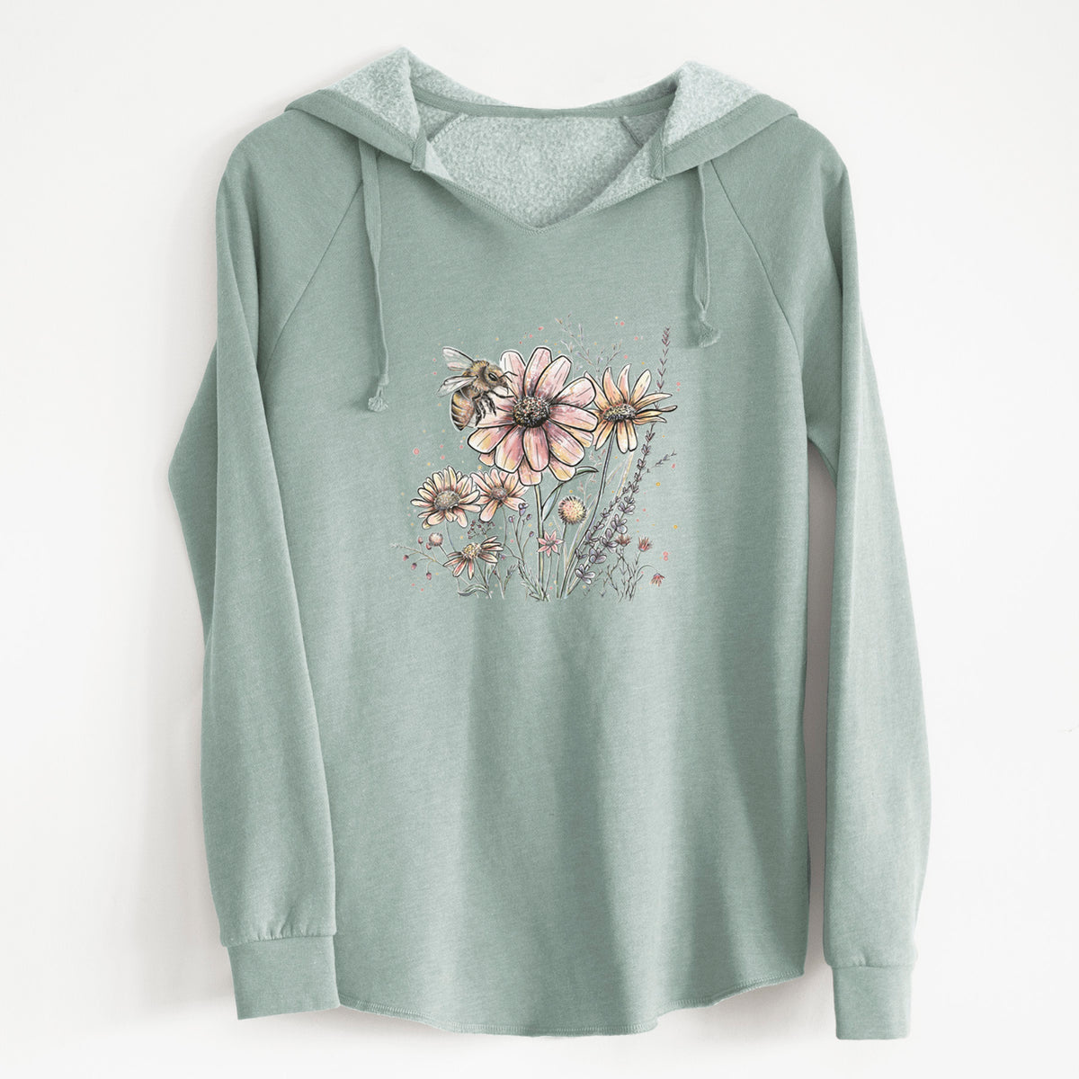 Sage green women's Cali Wave hooded sweatshirt laid flat, printed with a soft full-color illustration of a bee flying over pink and purple wildflowers.
