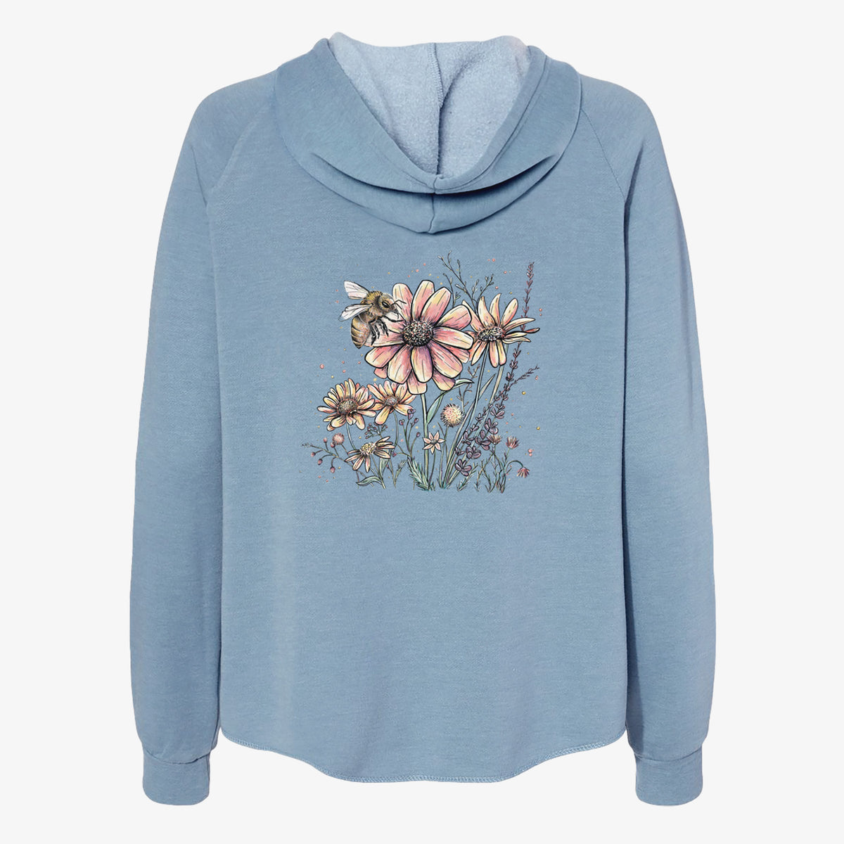 Misty blue women's Cali Wave zip-up sweatshirt laid flat, printed with a soft full-color illustration of a bee flying over pink and purple wildflowers.