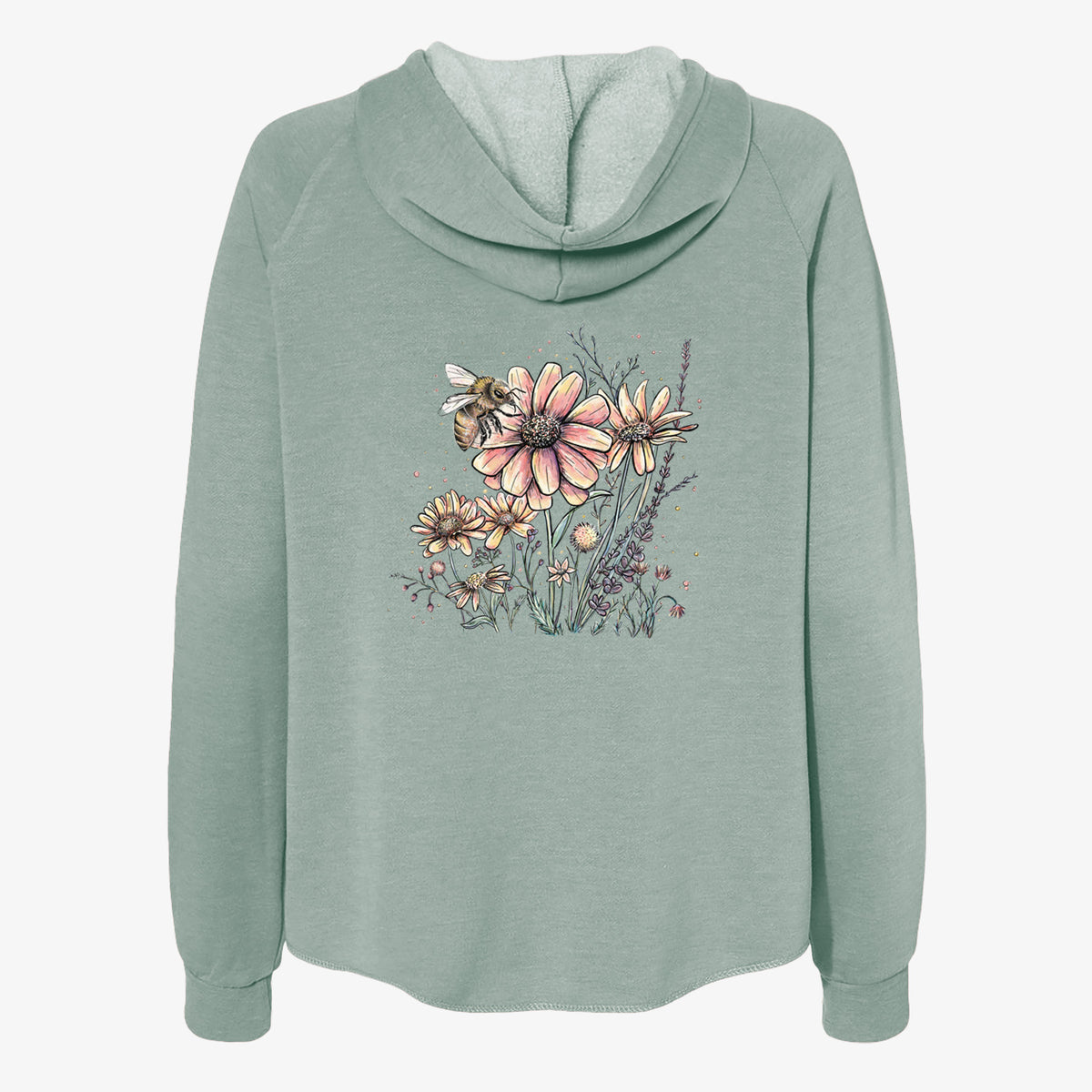 Sage green women's Cali Wave zip-up sweatshirt laid flat, printed with a soft full-color illustration of a bee flying over pink and purple wildflowers.