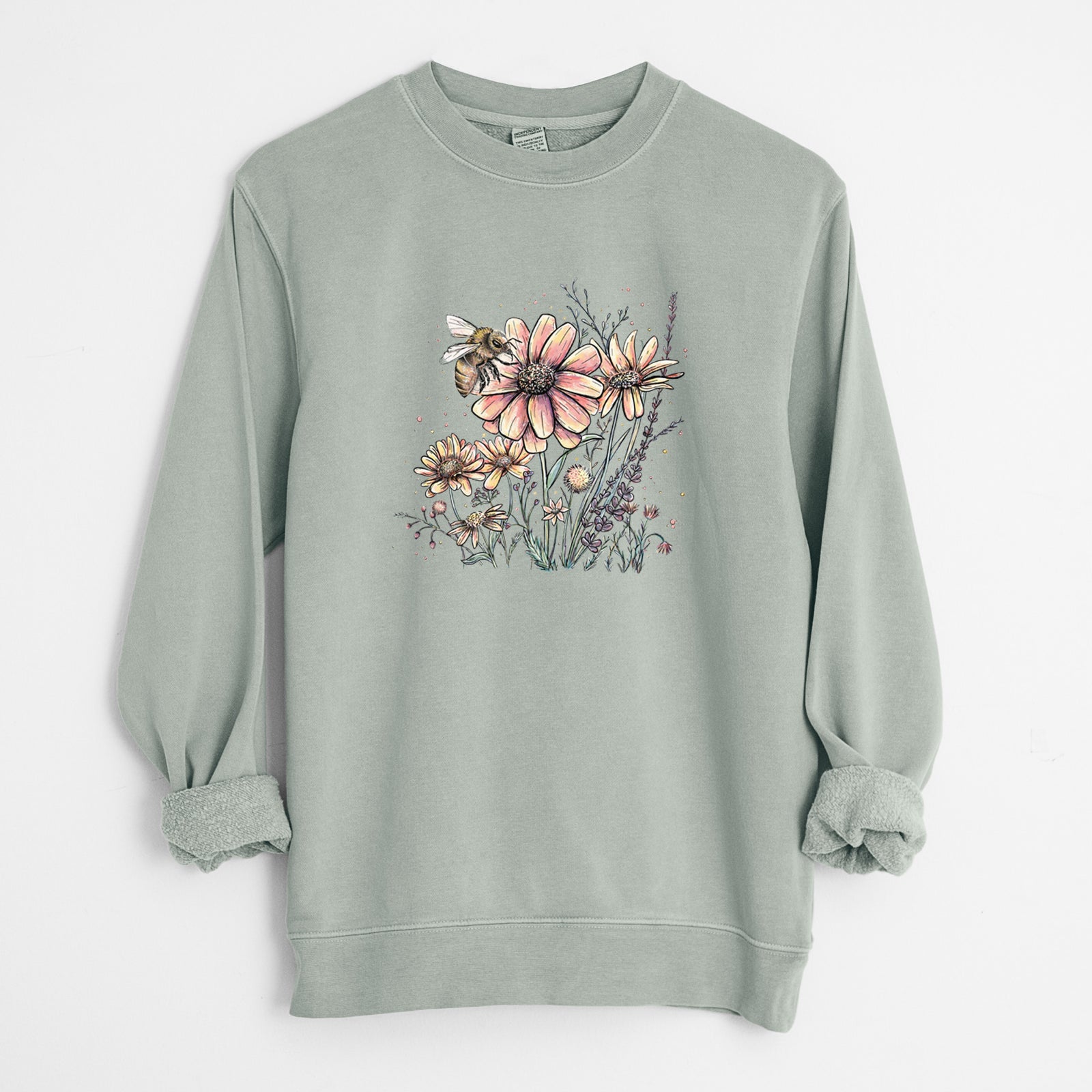 Bee with Wildflowers - Unisex Pigment Dyed Crew Sweatshirt in Sage