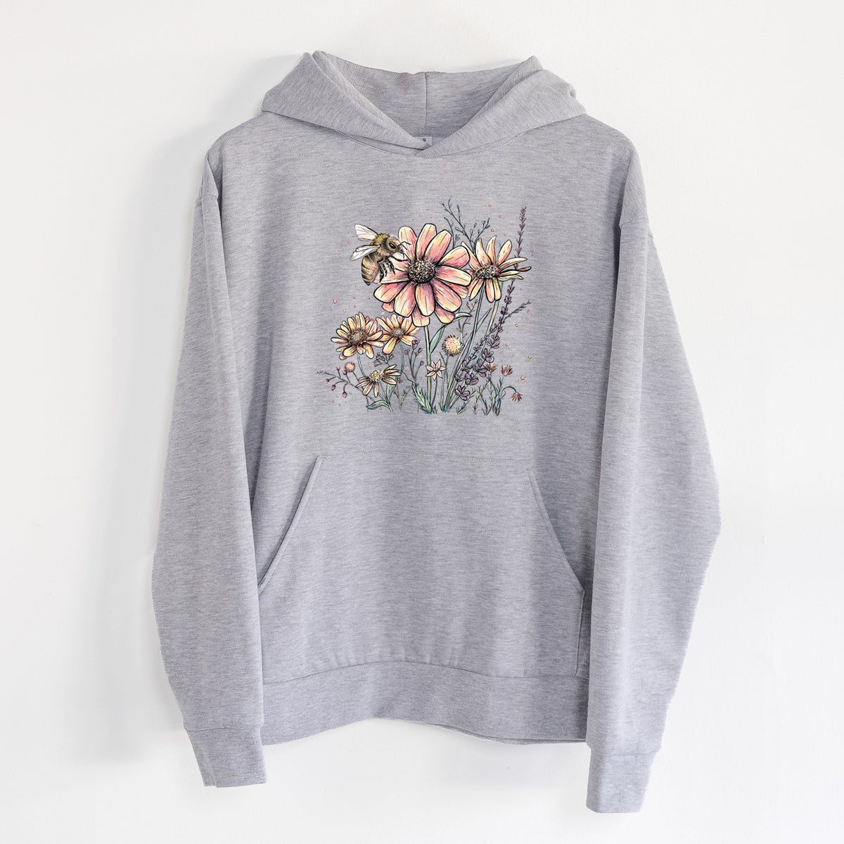 Bee with Wildflowers - Statement Midweight Hoodie in Heather Grey, hanging on a white wall, with a front kangaroo pocket and no drawcords.