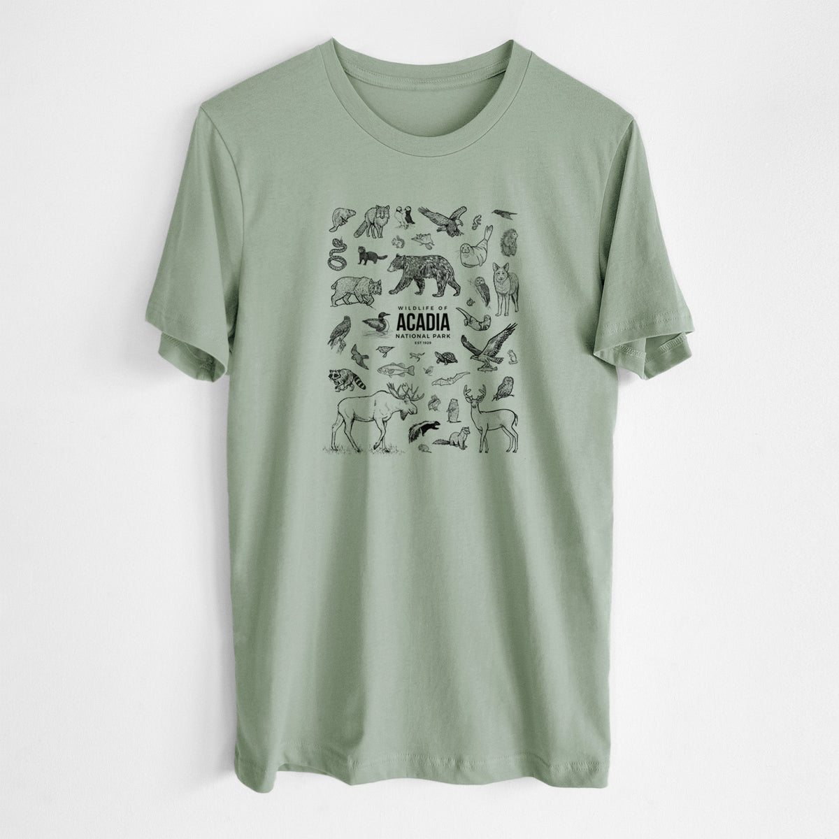 Sage green lightweight cotton t-shirt laid flat, printed with a collection of black ink wildlife illustrations surrounding the words Acadia National Park.