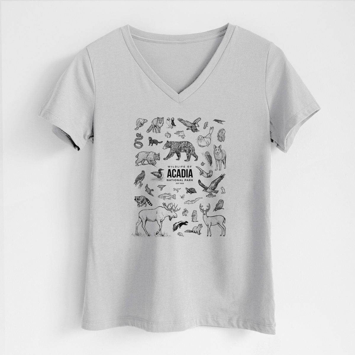 Lunar grey women's relaxed fit cotton V-neck t-shirt laid flat, printed with a collection of black ink wildlife illustrations surrounding the words Acadia National Park.