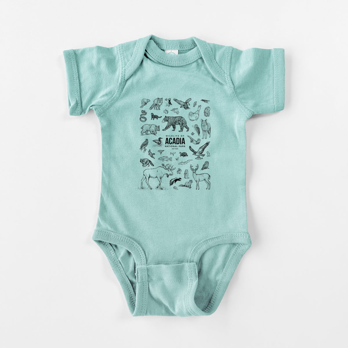 Saltwater baby bodysuit laid flat, printed with a collection of black ink wildlife illustrations surrounding the words Acadia National Park.