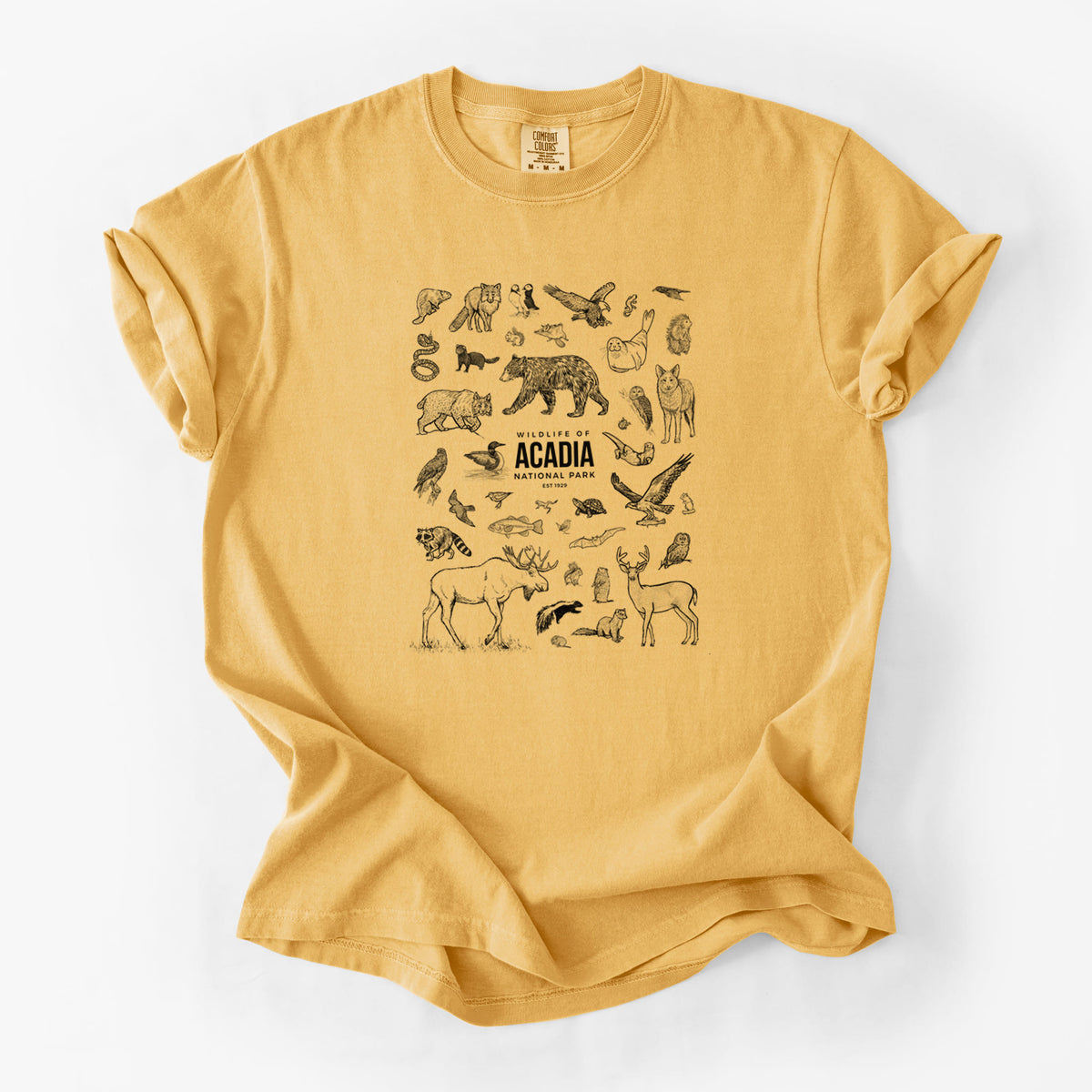 Golden wheat yellow Comfort Colors t-shirt laid flat, printed with a collection of black ink wildlife illustrations surrounding the words Acadia National Park.