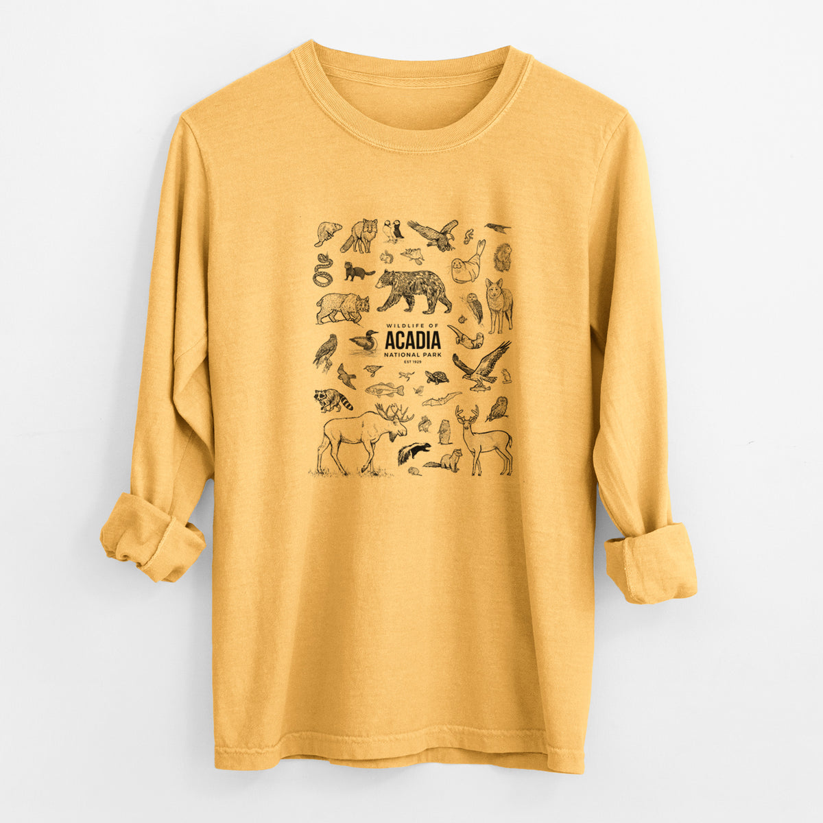 Golden wheat yellow Comfort Colors long sleeve shirt laid flat with the cuffs rolled, printed with a collection of black ink wildlife illustrations surrounding the words Acadia National Park.