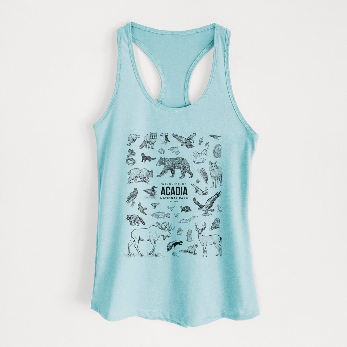 Cancun blue women's racerback tank top laid flat, printed with a collection of black ink wildlife illustrations surrounding the words Acadia National Park.