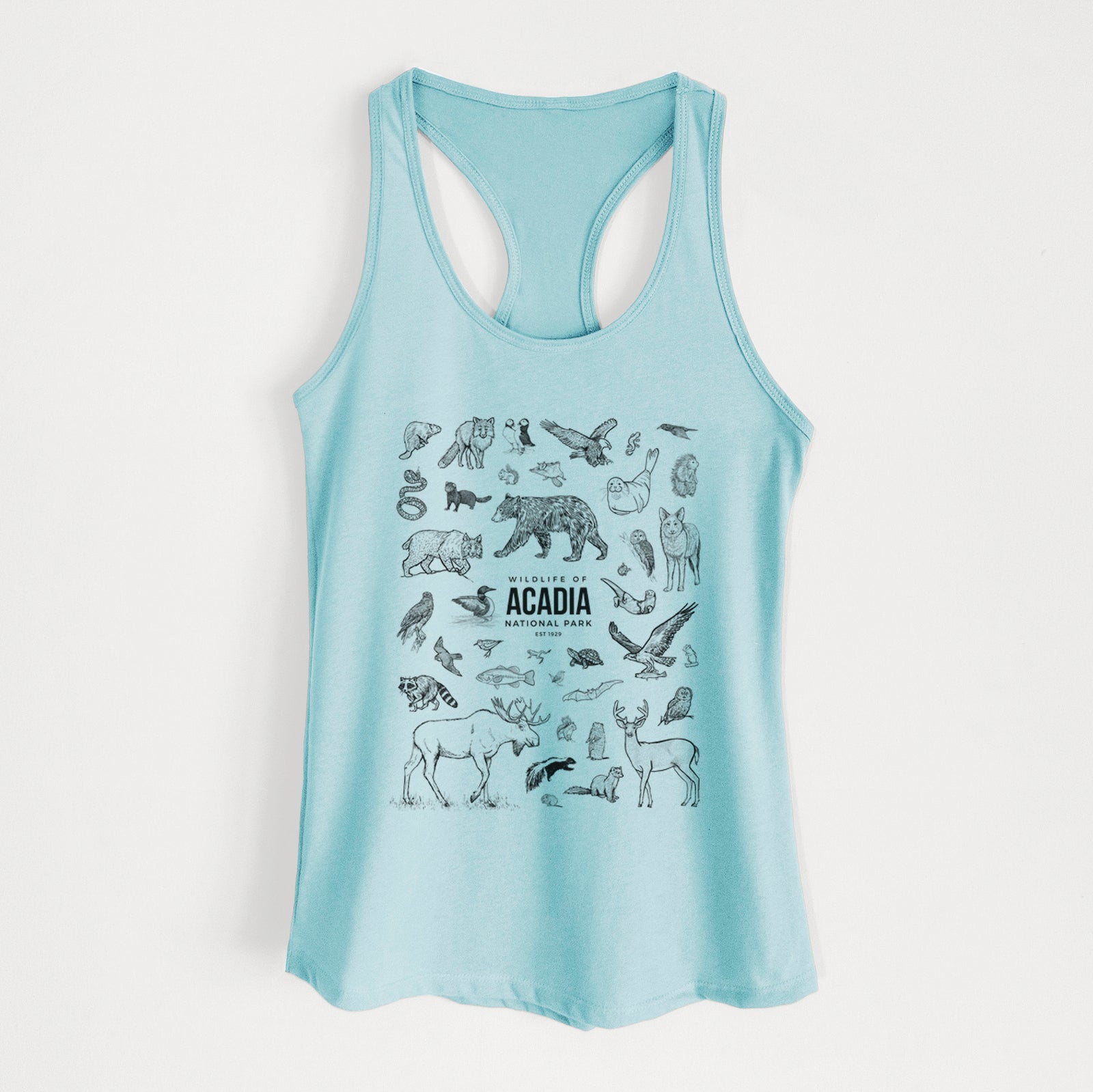 Banana cream women's racerback tank top laid flat, printed with a collection of black ink wildlife illustrations surrounding the words Acadia National Park.