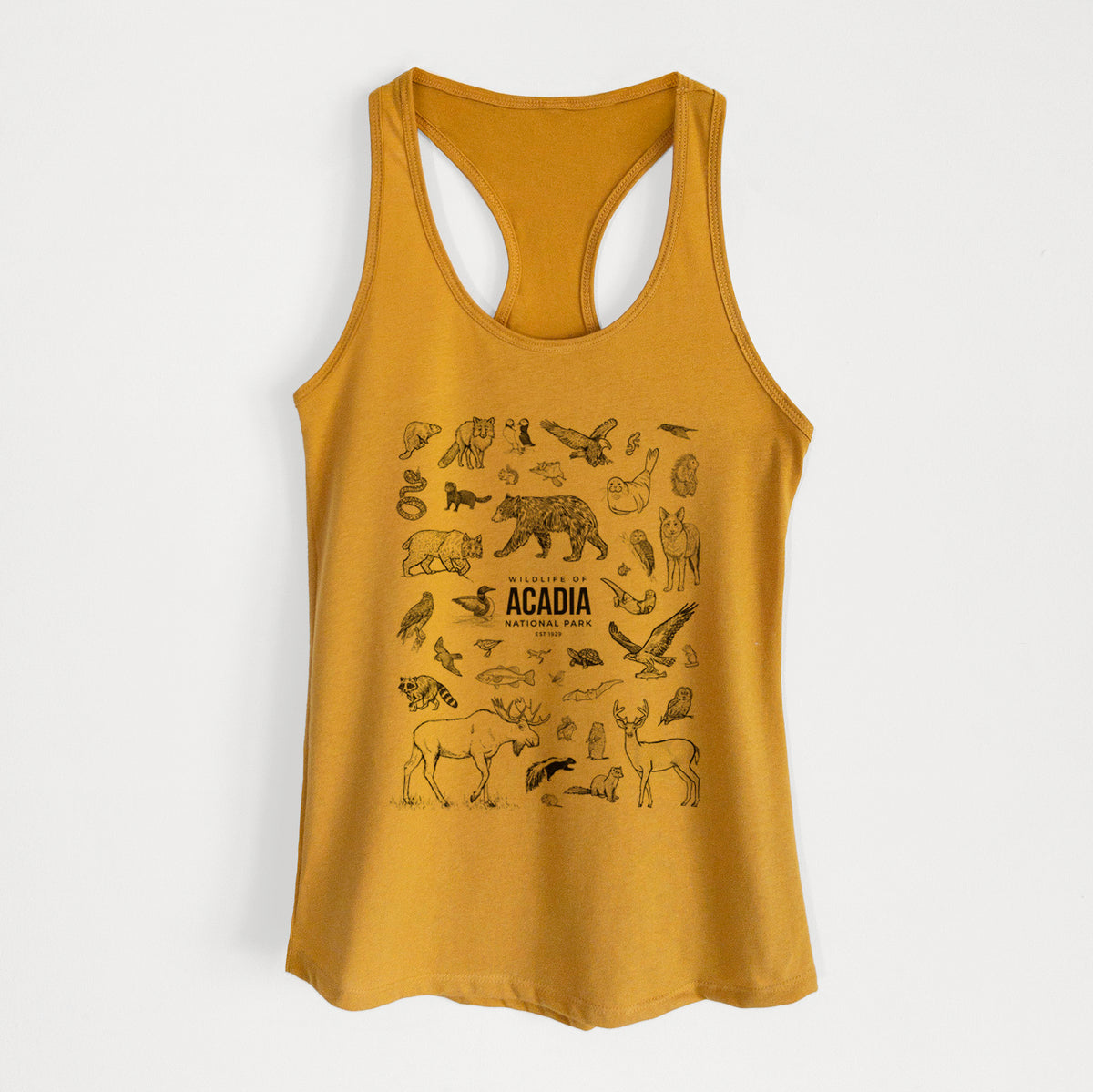 Gold women's racerback tank top laid flat, printed with a collection of black ink wildlife illustrations surrounding the words Acadia National Park.