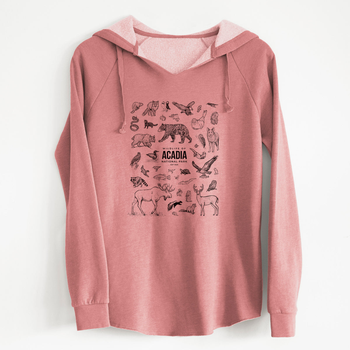Dusty rose women's Cali Wave hooded sweatshirt laid flat, printed with a collection of black ink wildlife illustrations surrounding the words Acadia National Park.