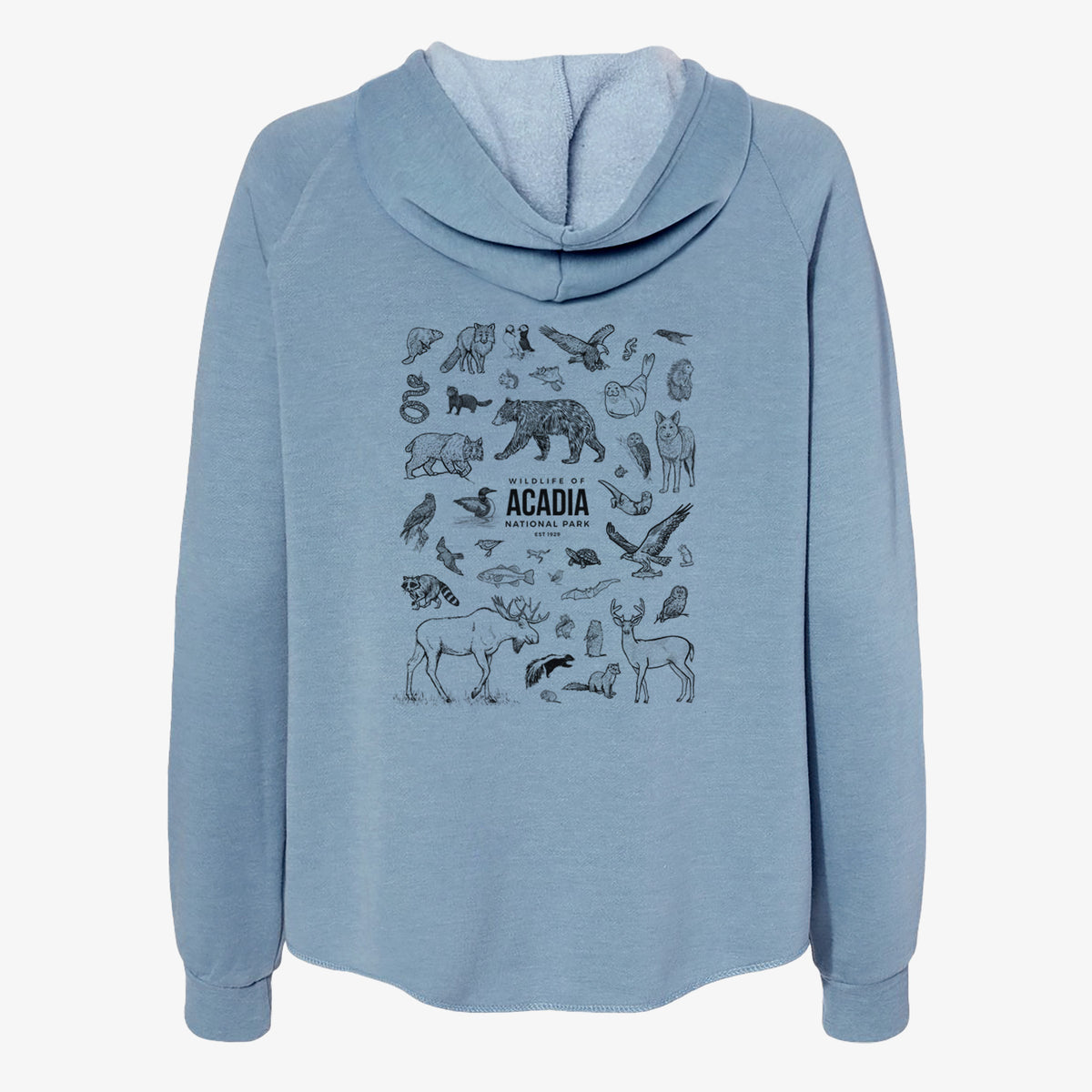 Misty blue women's Cali Wave zip-up sweatshirt laid flat, printed with a collection of black ink wildlife illustrations surrounding the words Acadia National Park.