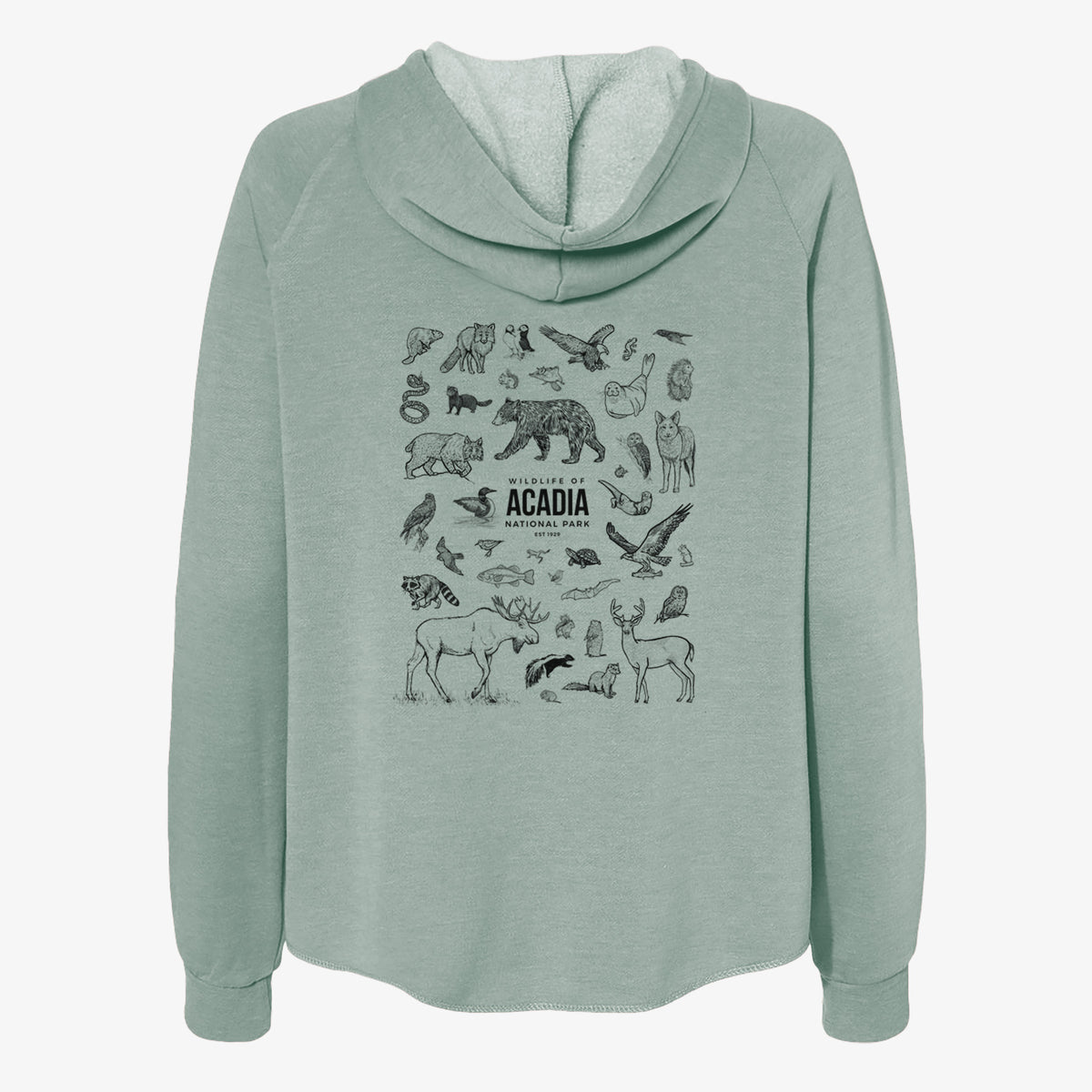Sage green women's Cali Wave zip-up sweatshirt laid flat, printed with a collection of black ink wildlife illustrations surrounding the words Acadia National Park.