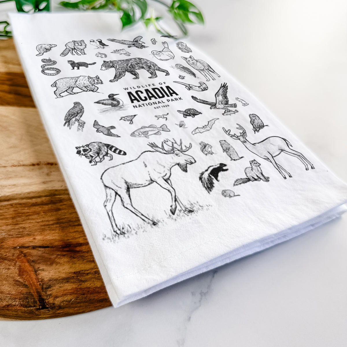 Close-up of a folded white tea towel on a wooden board, showing a collection of black ink wildlife illustrations surrounding the words Acadia National Park.