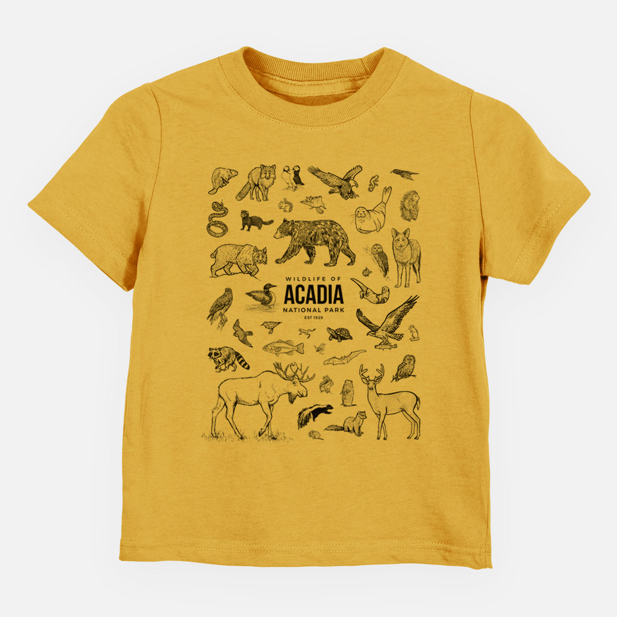 Honeycomb yellow toddler t-shirt laid flat, printed with a collection of black ink wildlife illustrations surrounding the words Acadia National Park.