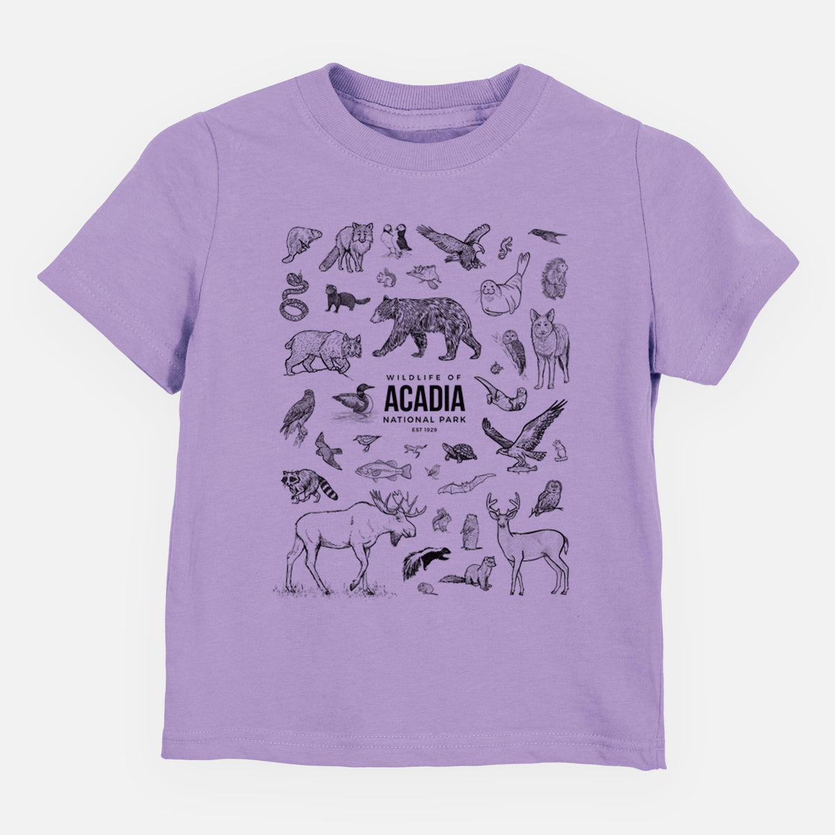 Lavender toddler t-shirt laid flat, printed with a collection of black ink wildlife illustrations surrounding the words Acadia National Park.