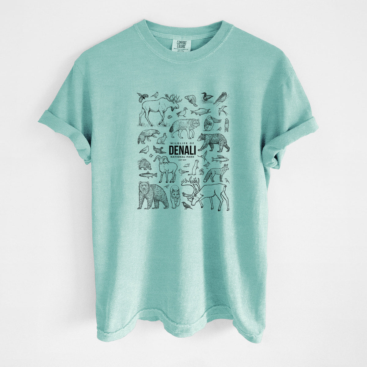 Chalky mint Comfort Colors t-shirt laid flat, printed with a collection of black ink wildlife illustrations surrounding the words Denali National Park.