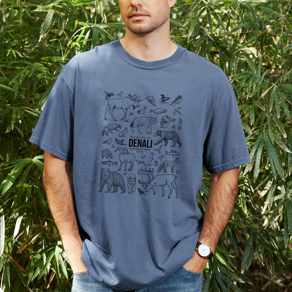Man wearing a Comfort Colors t-shirt printed with a collection of black ink wildlife illustrations surrounding the words Denali National Park, outdoors.