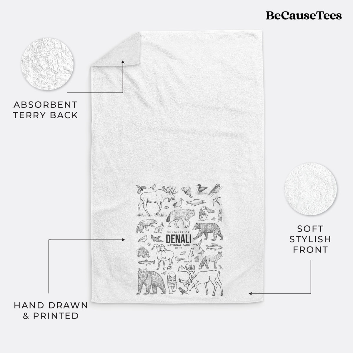 White hand towel printed with a collection of black ink wildlife illustrations surrounding the words Denali National Park.