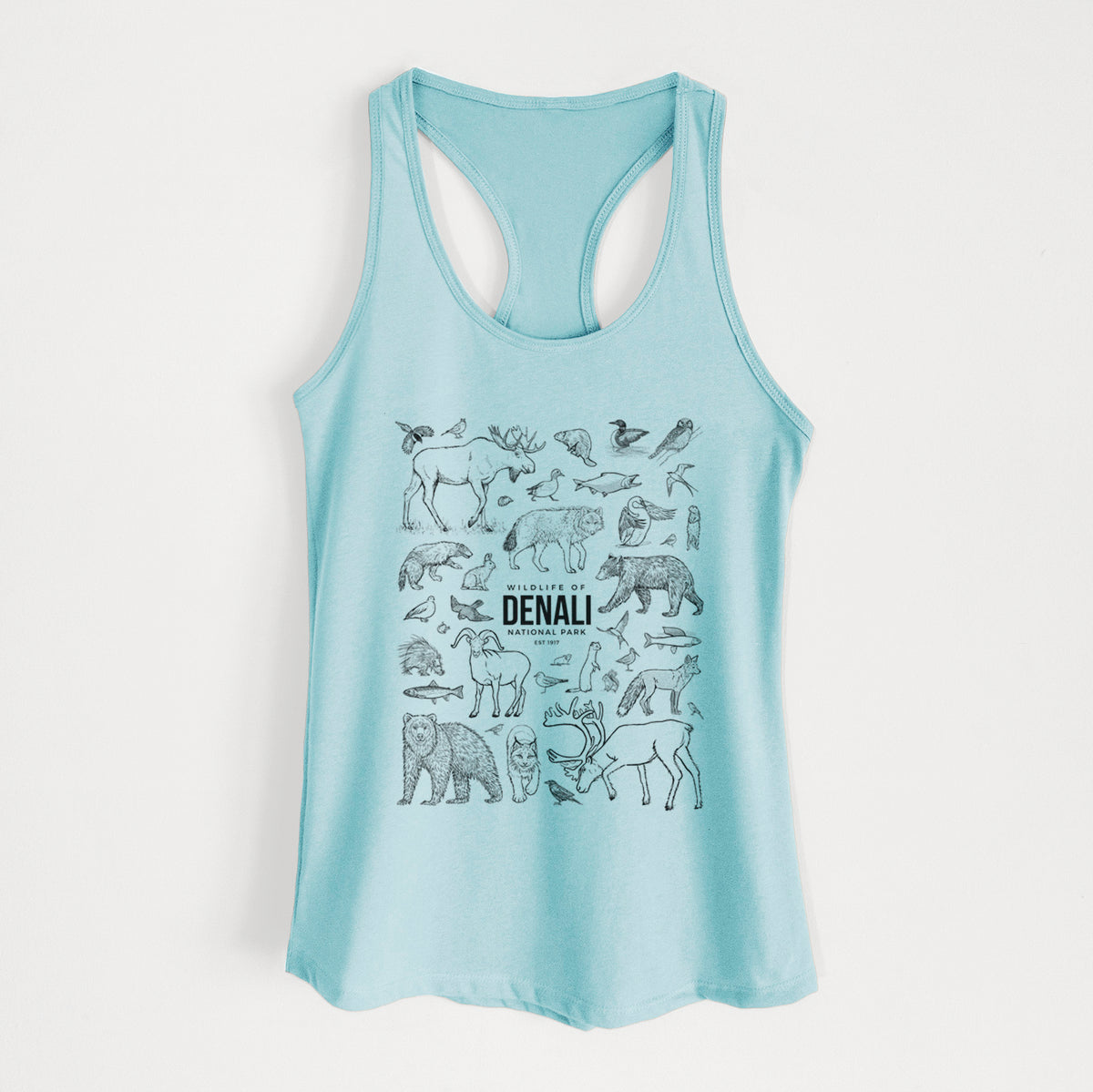 Cancun blue women's racerback tank top laid flat, printed with a collection of black ink wildlife illustrations surrounding the words Denali National Park.