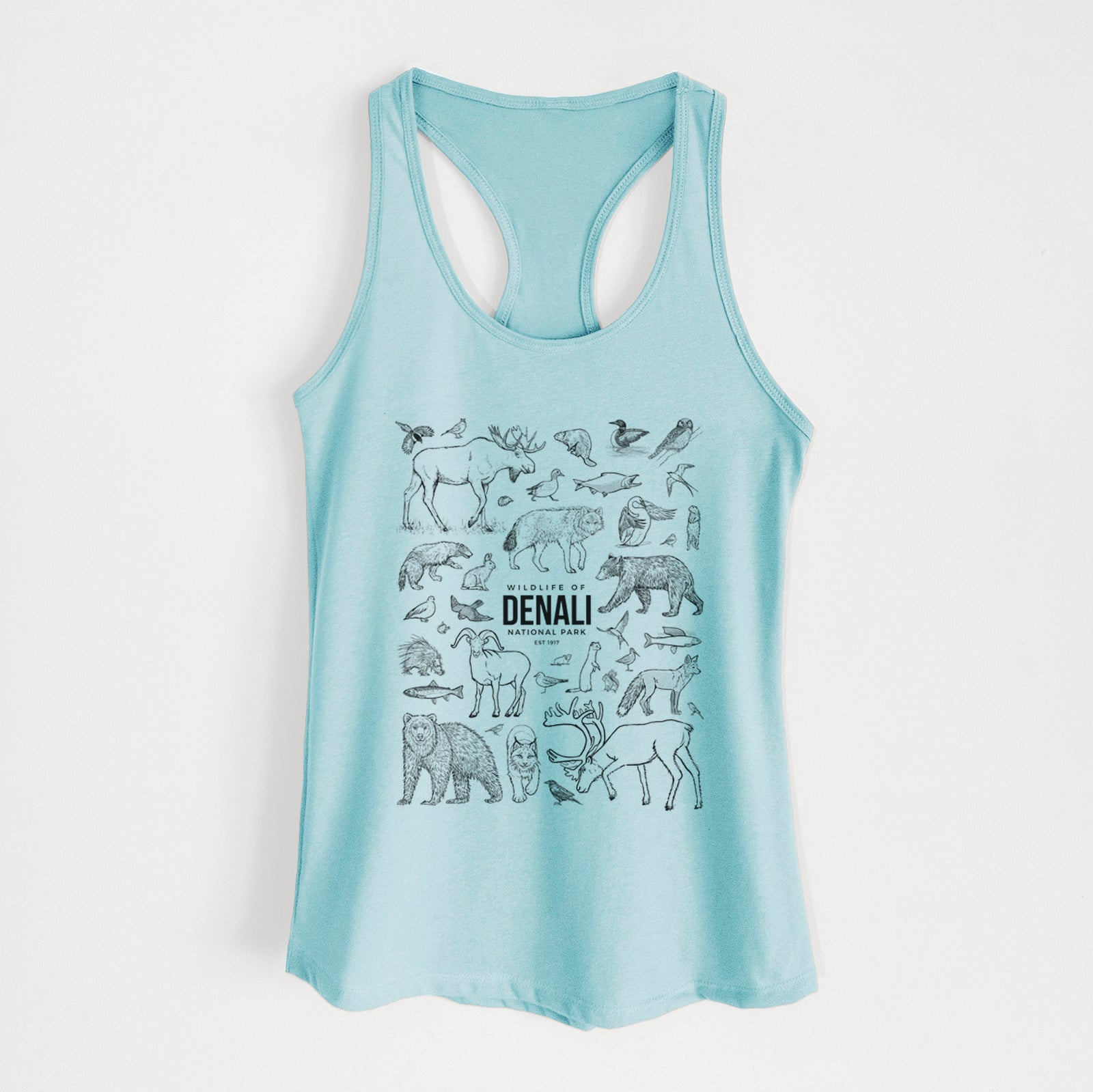 Banana cream women's racerback tank top laid flat, printed with a collection of black ink wildlife illustrations surrounding the words Denali National Park.