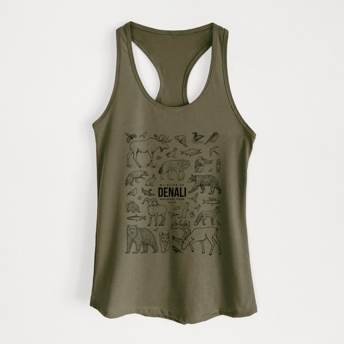 Military green women's racerback tank top laid flat, printed with a collection of black ink wildlife illustrations surrounding the words Denali National Park.