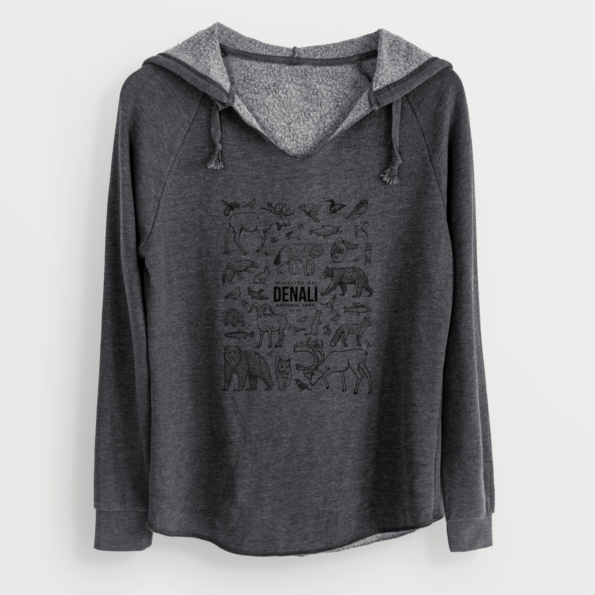 Charcoal grey women's Cali Wave hooded sweatshirt laid flat, printed with a collection of black ink wildlife illustrations surrounding the words Denali National Park.