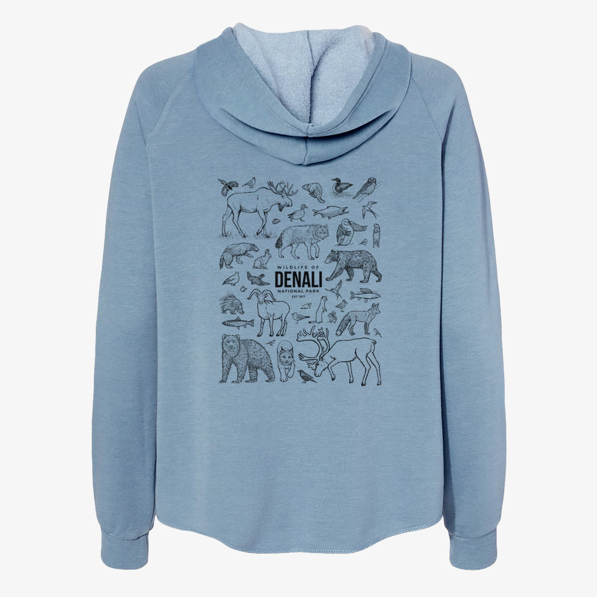 Misty blue women's Cali Wave zip-up sweatshirt laid flat, printed with a collection of black ink wildlife illustrations surrounding the words Denali National Park.