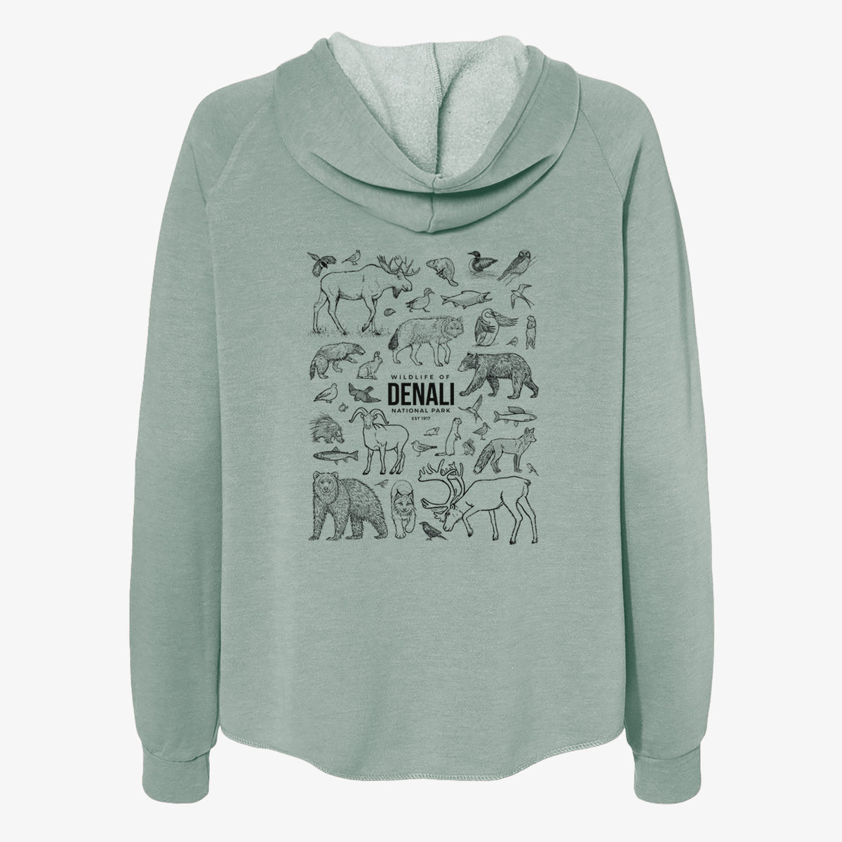 Sage green women's Cali Wave zip-up sweatshirt laid flat, printed with a collection of black ink wildlife illustrations surrounding the words Denali National Park.