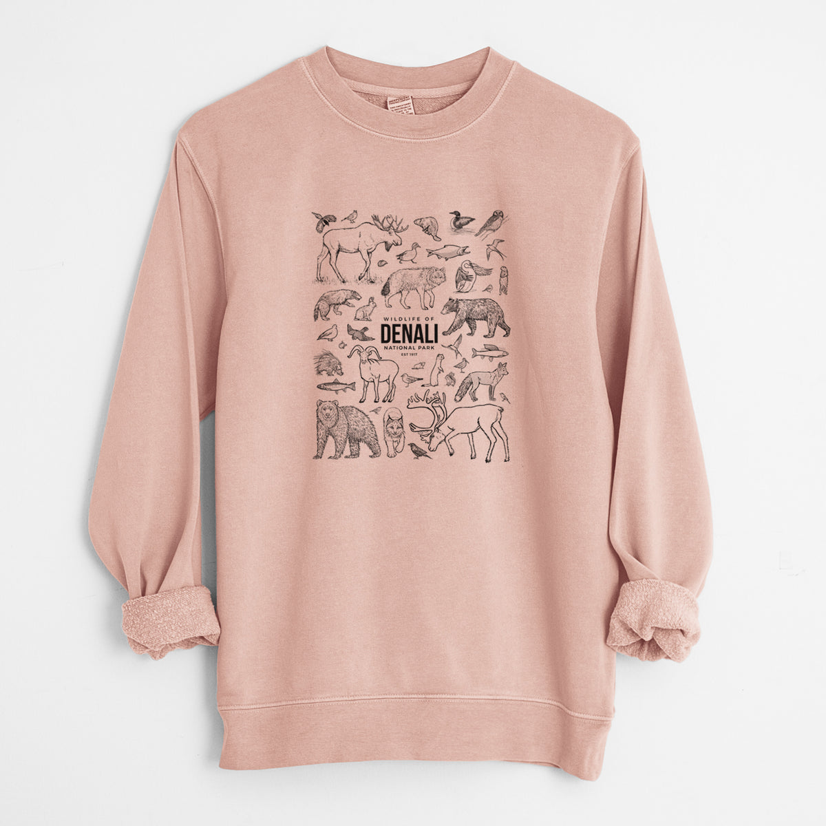 Wildlife of Denali National Park - Unisex Pigment Dyed Crew Sweatshirt in Dusty Pink