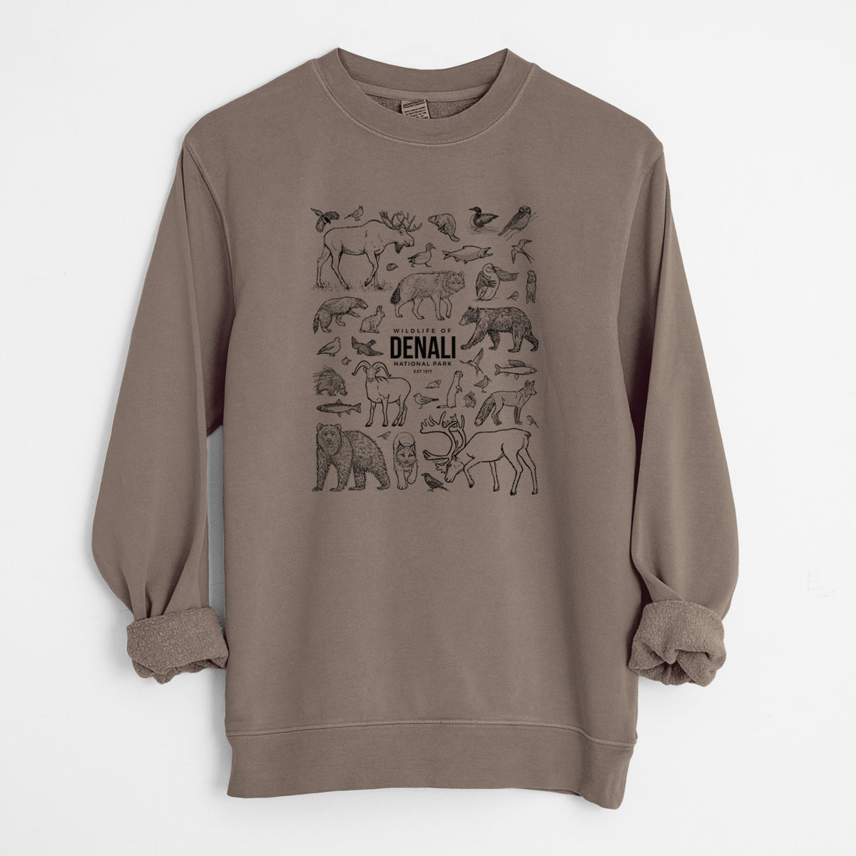 Wildlife of Denali National Park - Unisex Pigment Dyed Crew Sweatshirt in Espresso Brown Color