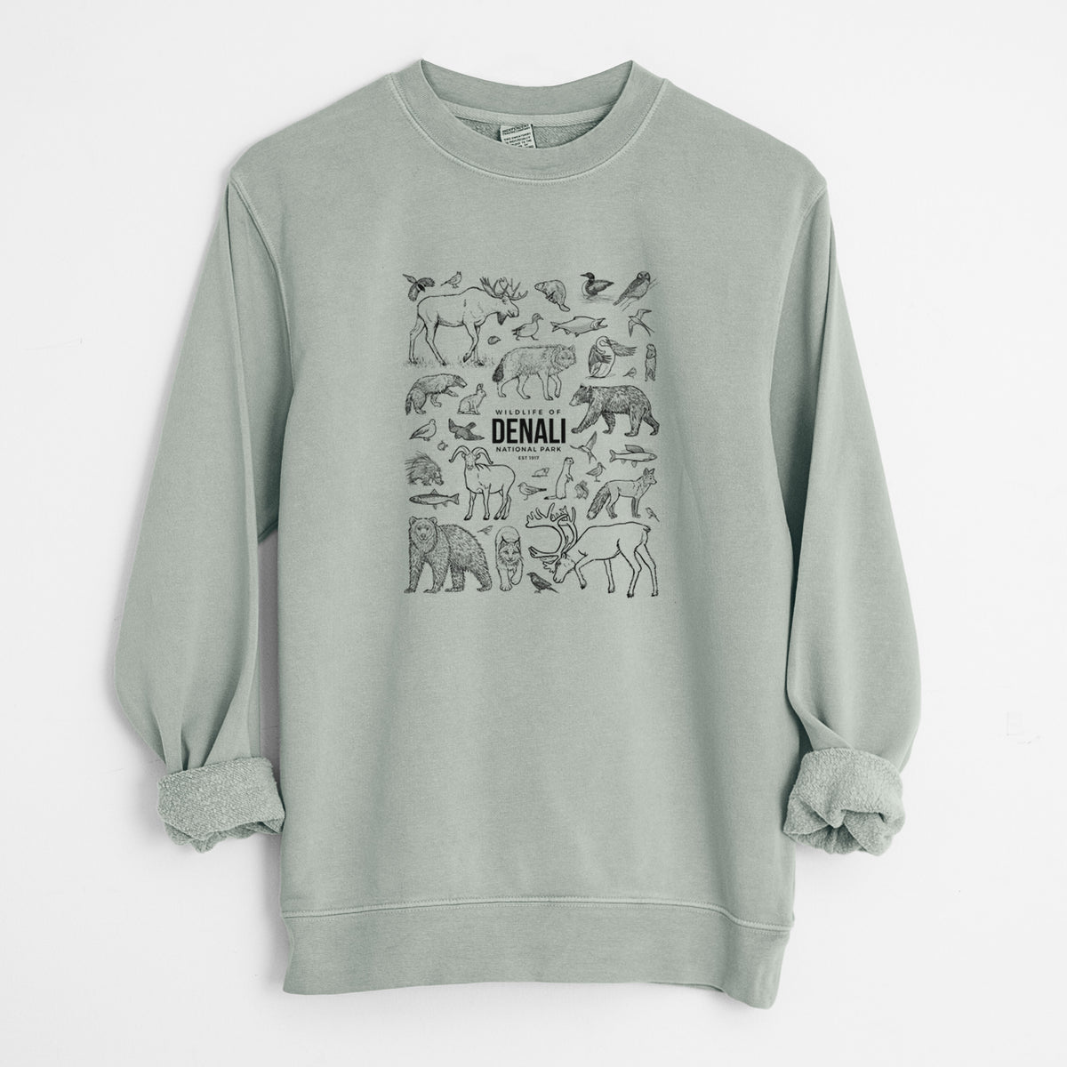 Wildlife of Denali National Park - Unisex Pigment Dyed Crew Sweatshirt in Sage