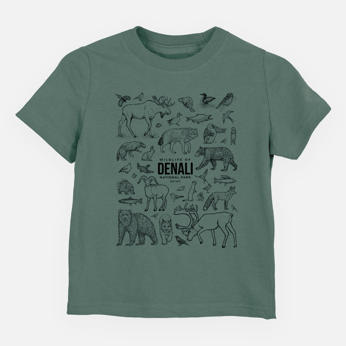 Basil green toddler t-shirt laid flat, printed with a collection of black ink wildlife illustrations surrounding the words Denali National Park.