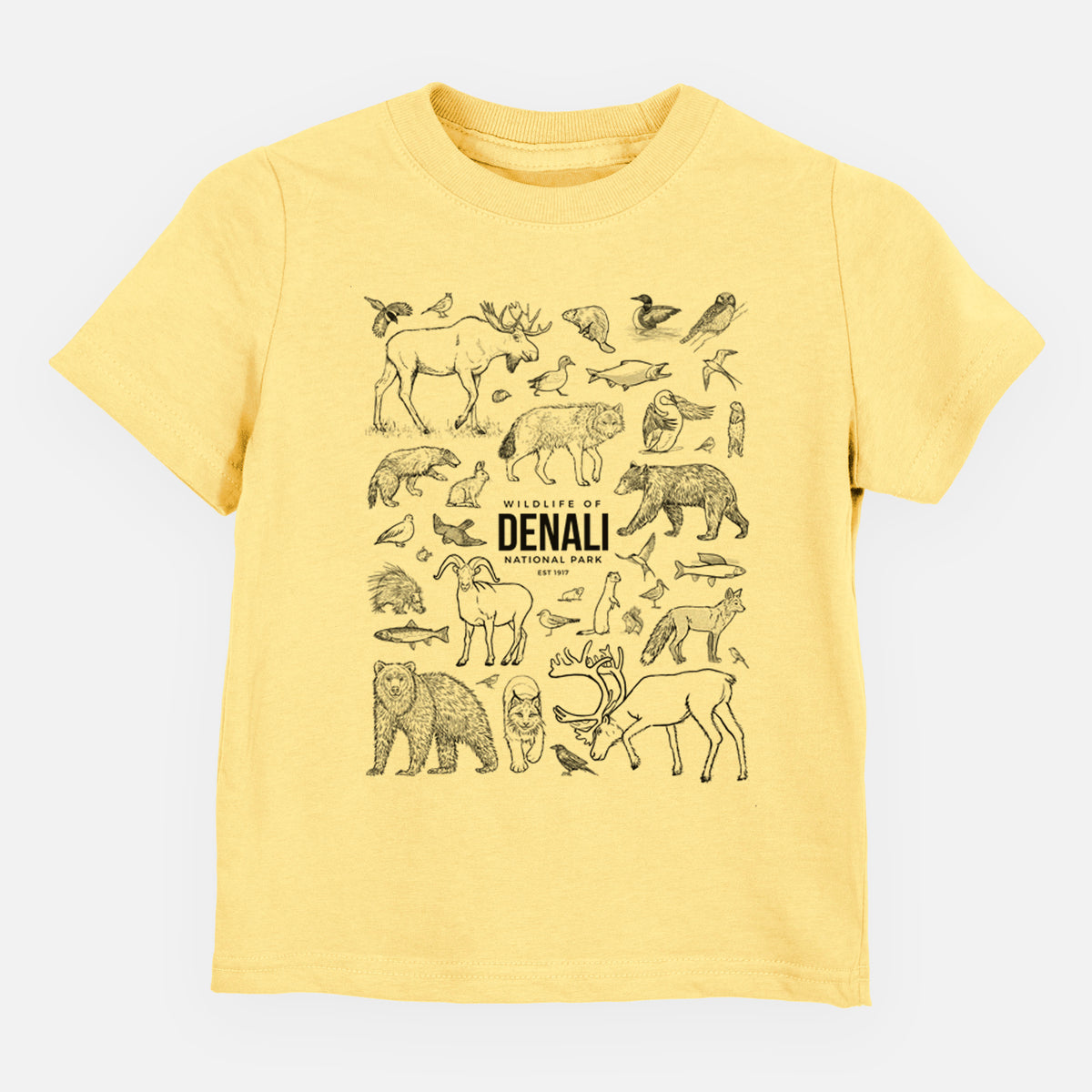 Butter yellow toddler t-shirt laid flat, printed with a collection of black ink wildlife illustrations surrounding the words Denali National Park.