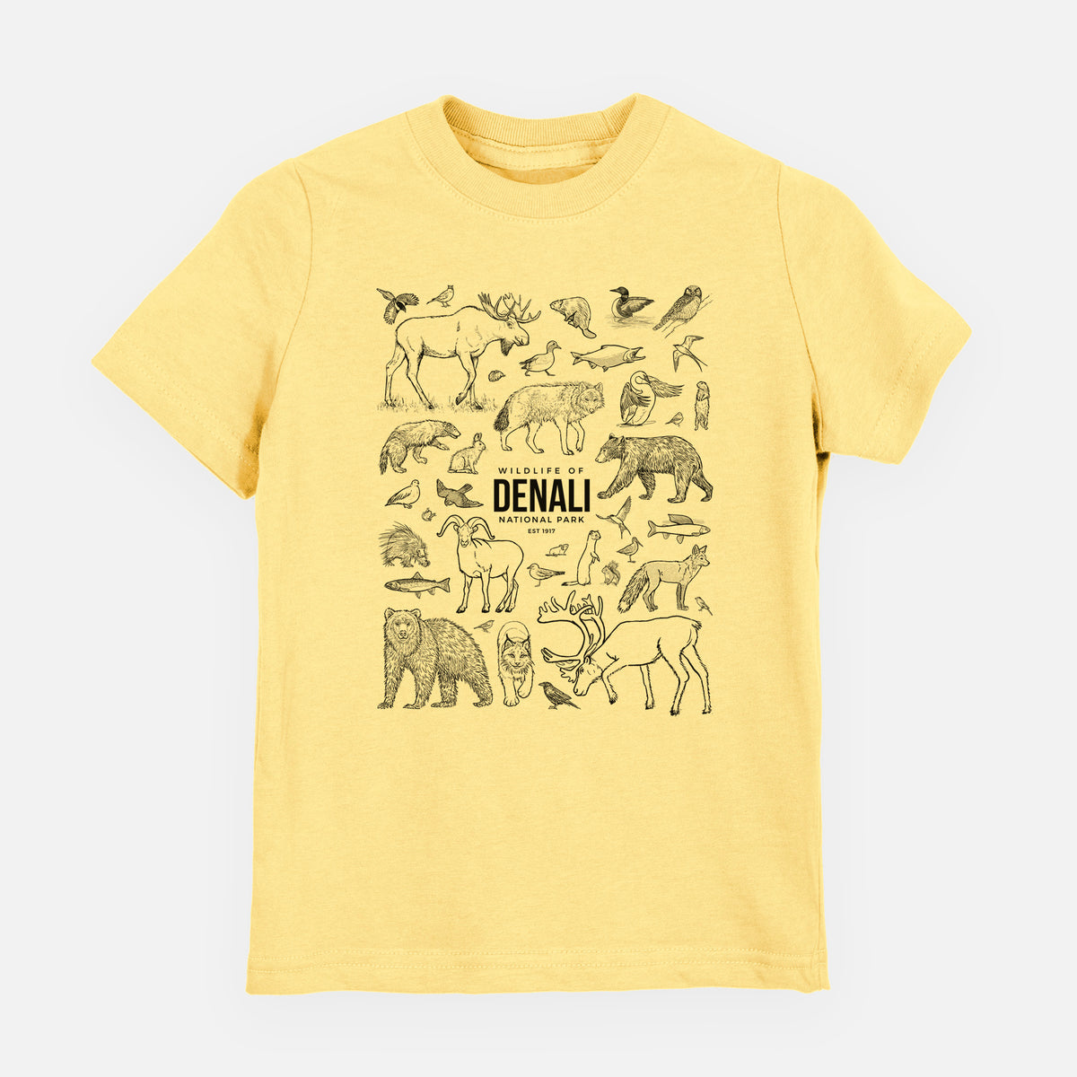 Butter yellow youth t-shirt laid flat, printed with a collection of black ink wildlife illustrations surrounding the words Denali National Park.