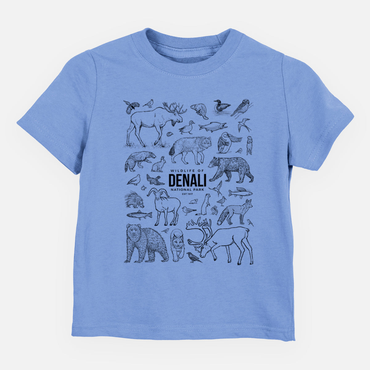 Carolina blue toddler t-shirt laid flat, printed with a collection of black ink wildlife illustrations surrounding the words Denali National Park.