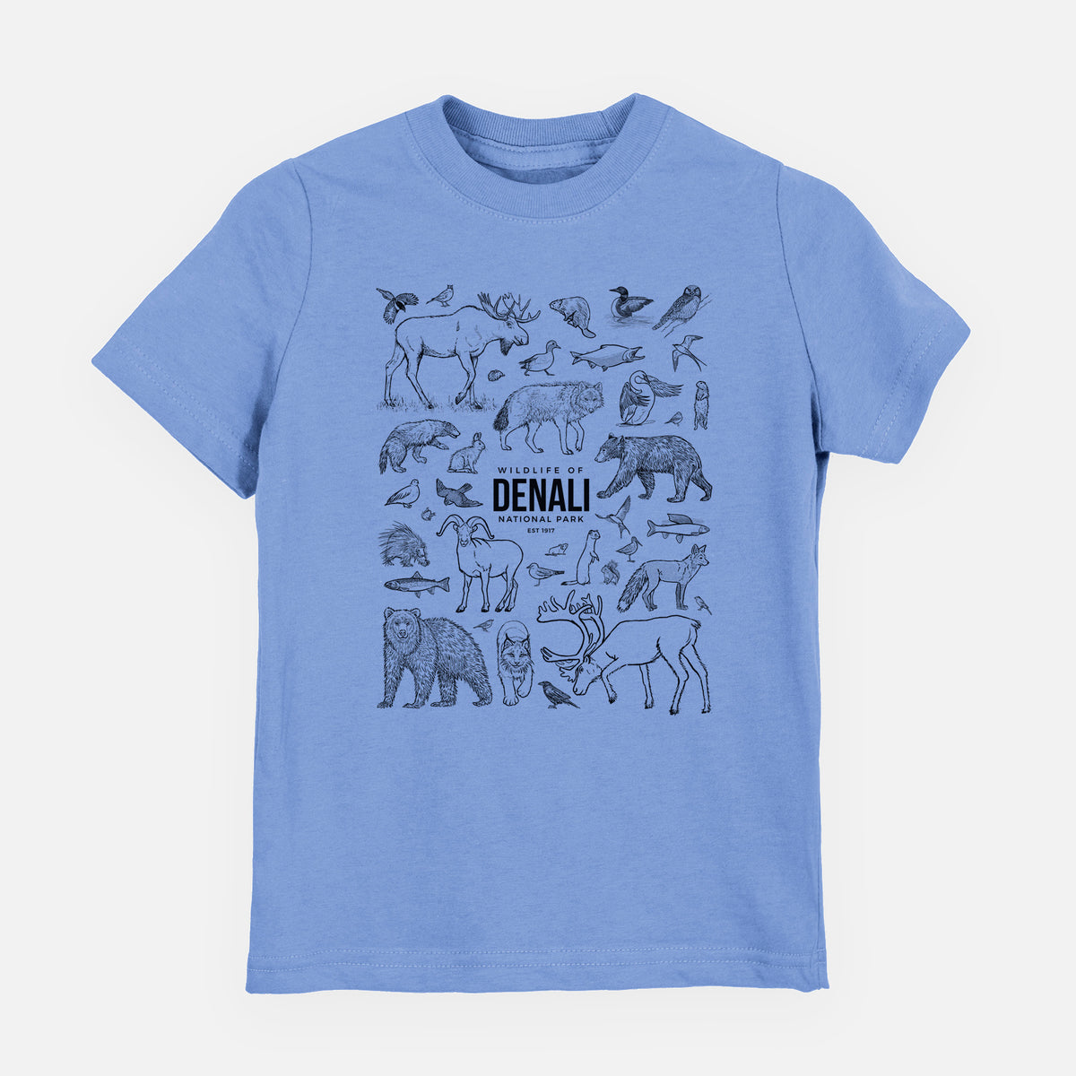 Carolina blue youth t-shirt laid flat, printed with a collection of black ink wildlife illustrations surrounding the words Denali National Park.