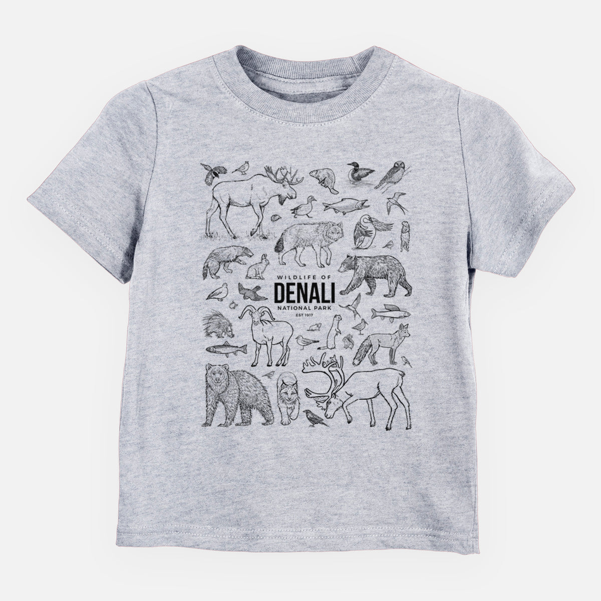 Heather grey toddler t-shirt laid flat, printed with a collection of black ink wildlife illustrations surrounding the words Denali National Park.