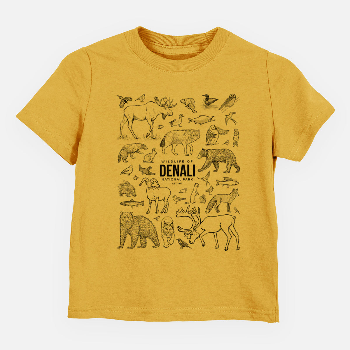 Honeycomb yellow toddler t-shirt laid flat, printed with a collection of black ink wildlife illustrations surrounding the words Denali National Park.