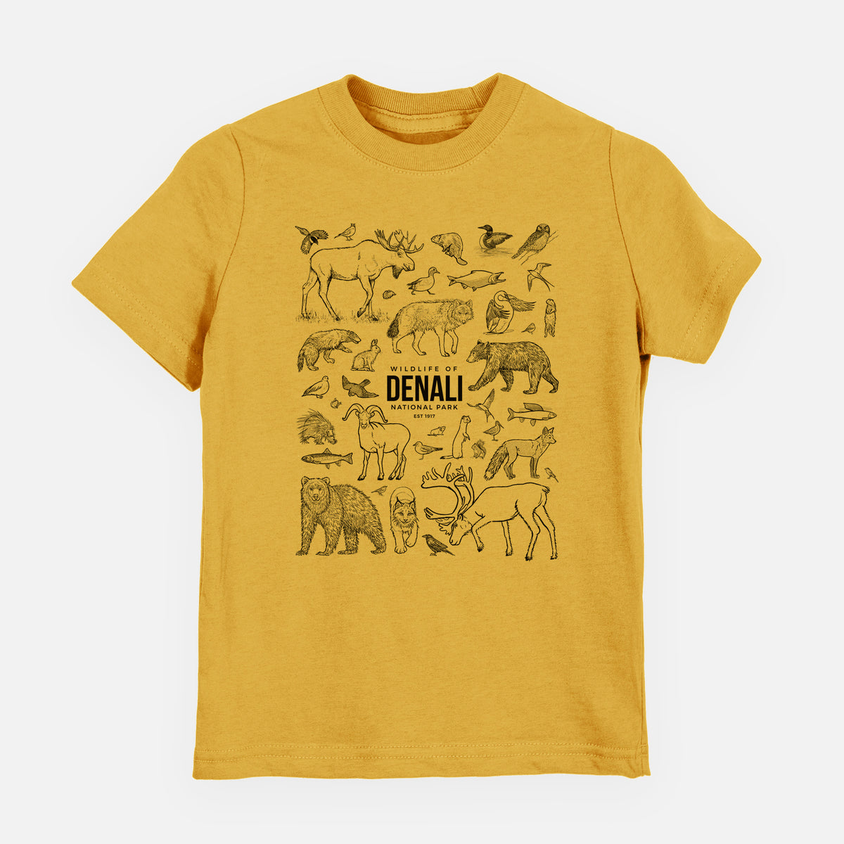 Honeycomb yellow youth t-shirt laid flat, printed with a collection of black ink wildlife illustrations surrounding the words Denali National Park.
