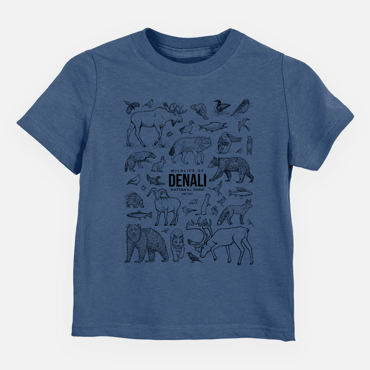 Indigo blue toddler t-shirt laid flat, printed with a collection of black ink wildlife illustrations surrounding the words Denali National Park.
