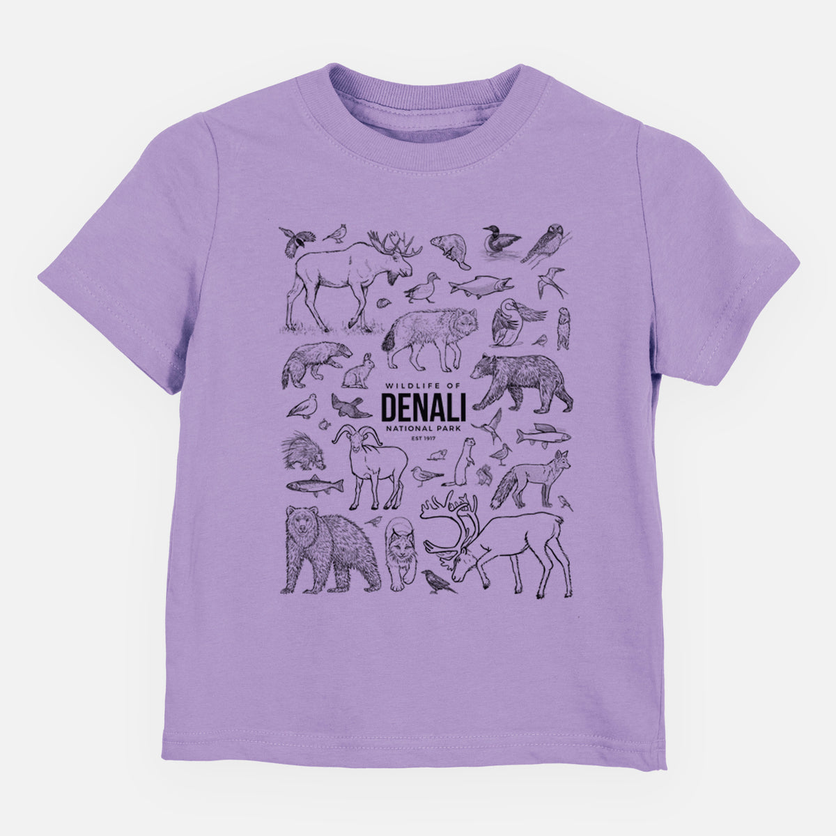 Lavender toddler t-shirt laid flat, printed with a collection of black ink wildlife illustrations surrounding the words Denali National Park.