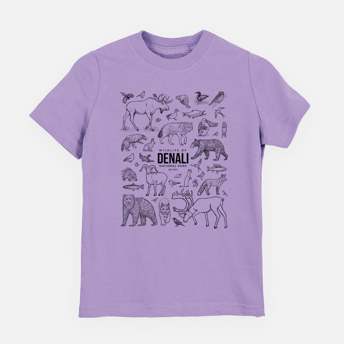 Lavender youth t-shirt laid flat, printed with a collection of black ink wildlife illustrations surrounding the words Denali National Park.
